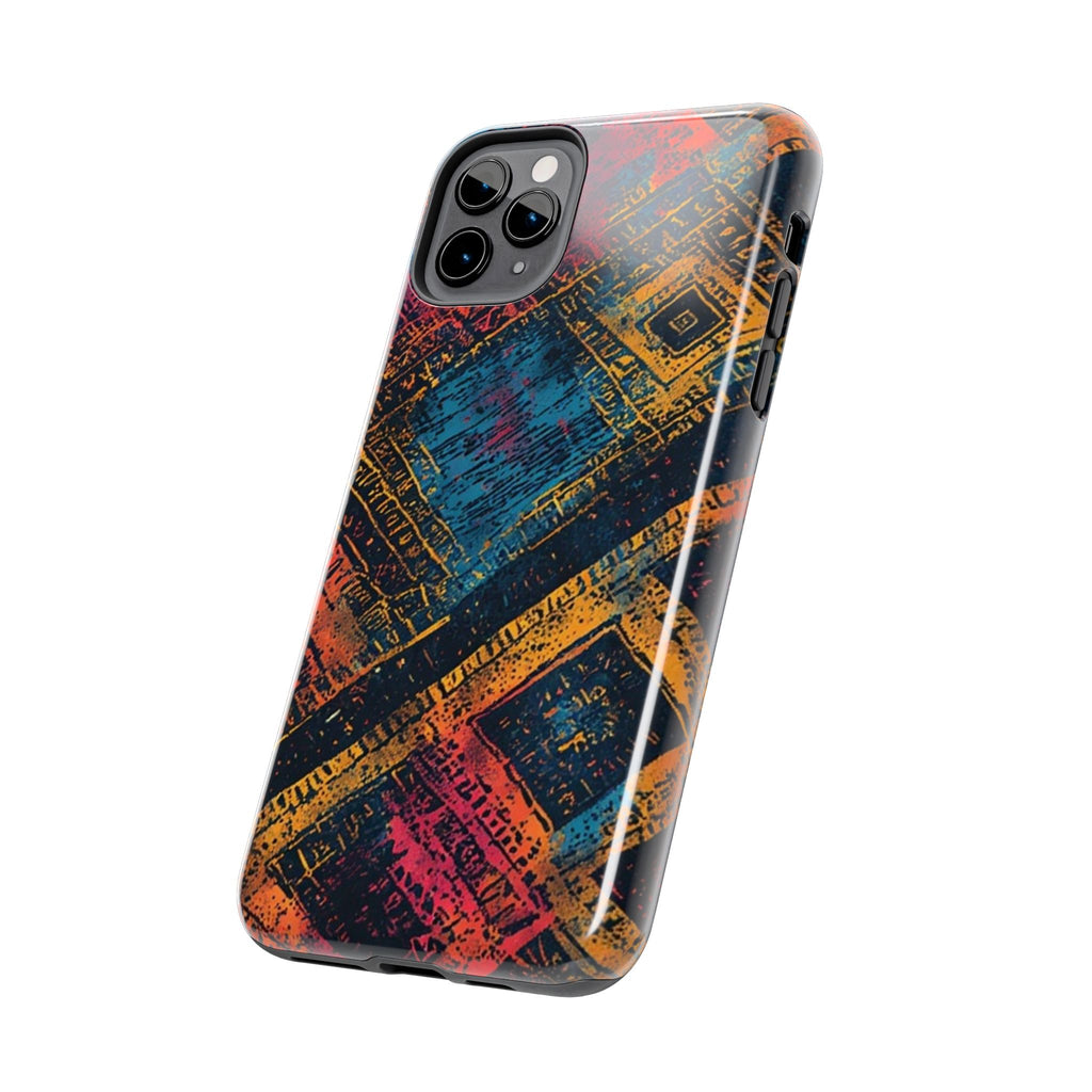 Tough Phone Case – Abstract Rustic Geometric Design (Blue, Orange, Magenta)