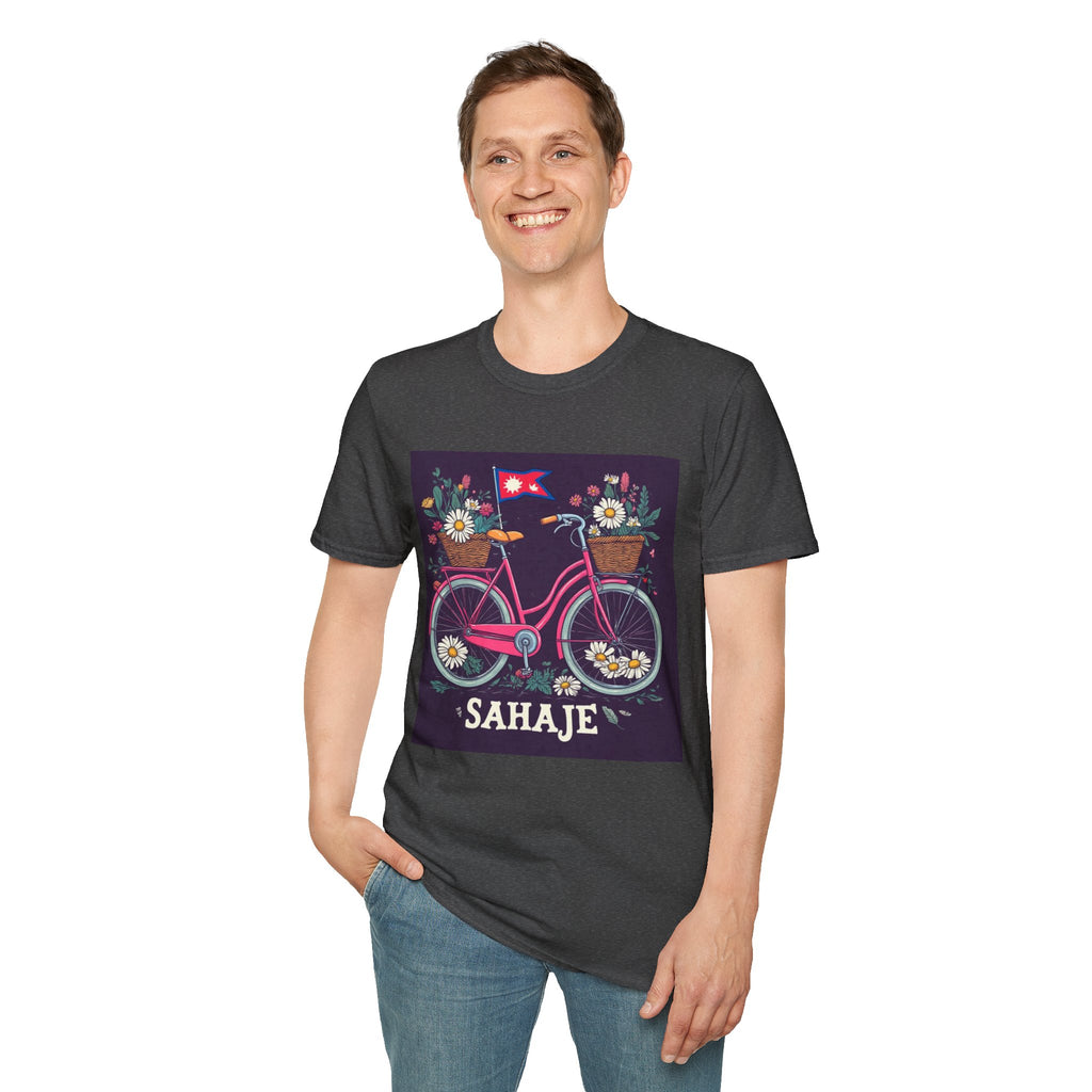 Bicycle Floral T-Shirt – Pink Bike with Baskets & "Sahaje" Text