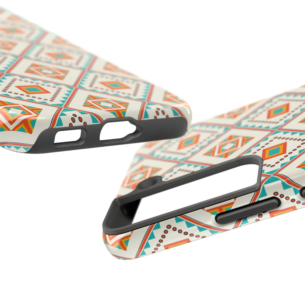 Tough Phone Case — Geometric Retro Tile Pattern, Orange & Teal Protective Cover