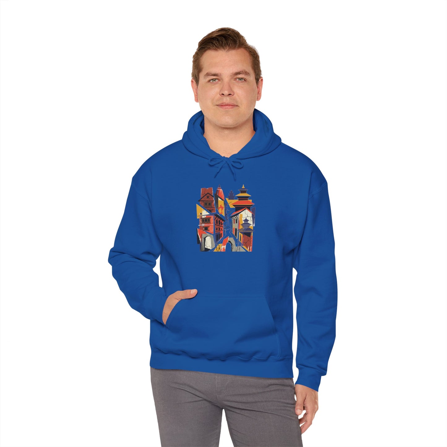 Cityscape Collage Hoodie — Colorful Urban Architecture Graphic Hoodie