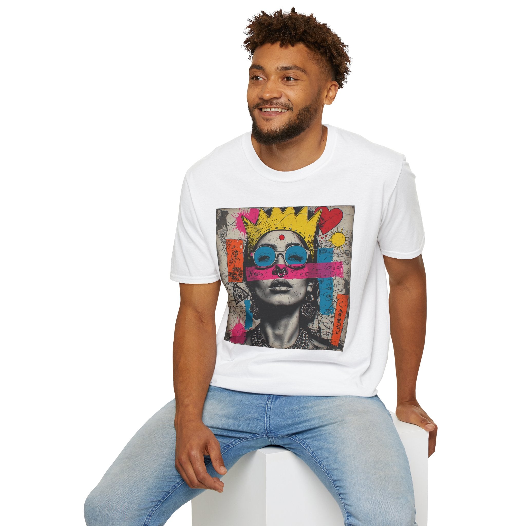 Abstract Pop Art Portrait T-Shirt — Neon Crown & Sunglasses Graphic