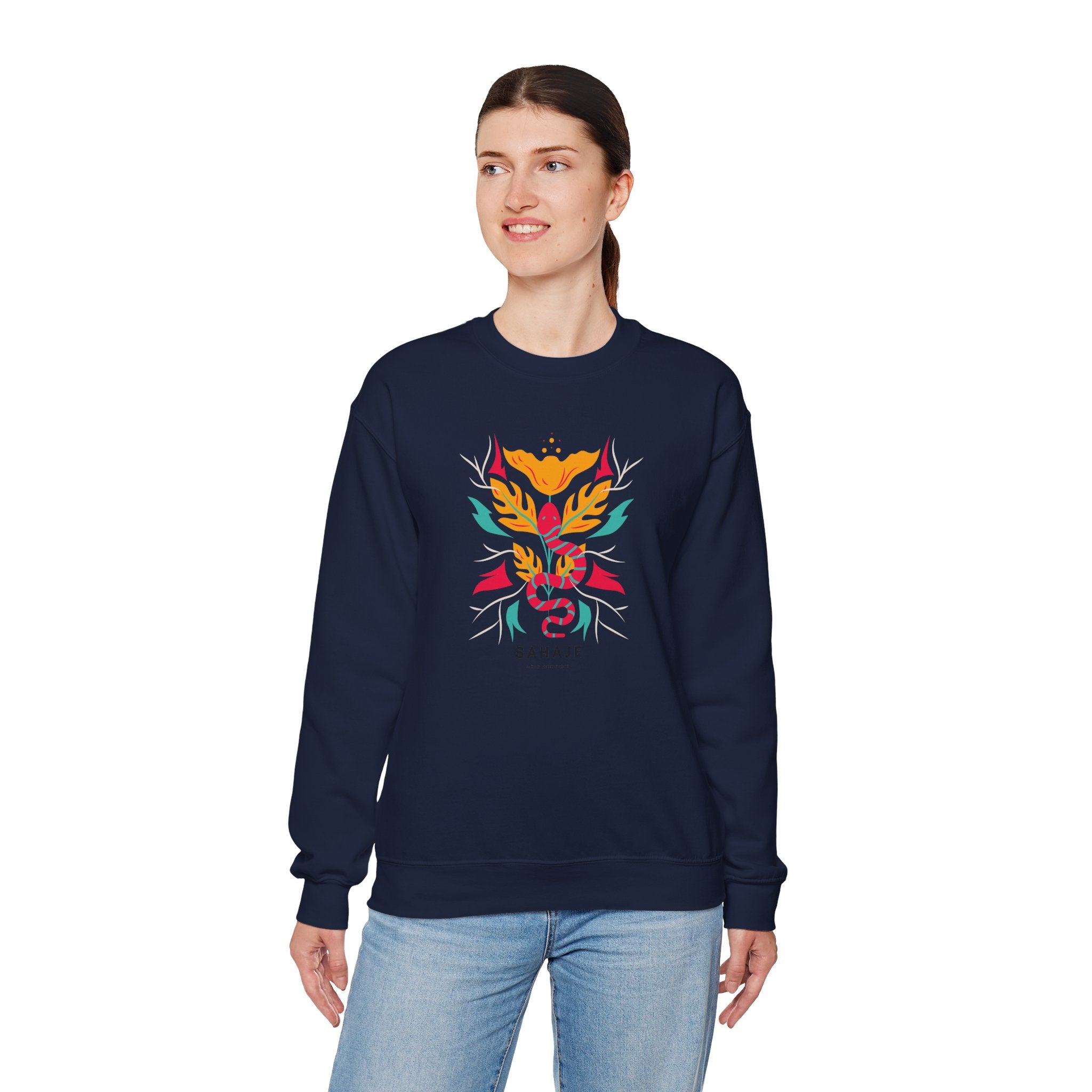 Sahajé Floral Snake Crewneck Sweatshirt — Colorful Botanical Serpent Graphic