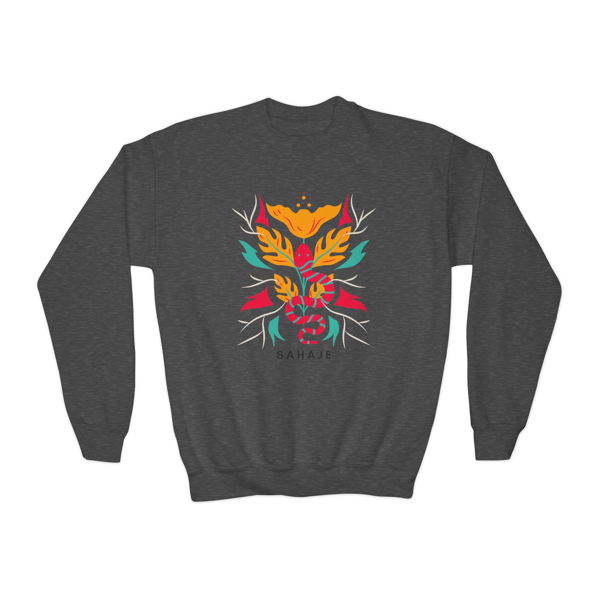Youth Crewneck Sweatshirt — Vibrant Floral Snake Graphic “SAHAJE”