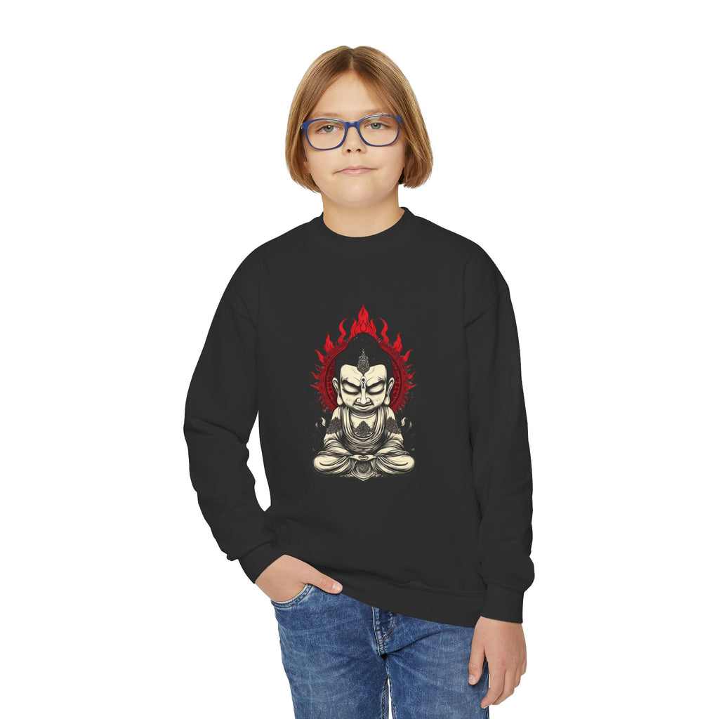 Flaming Meditating Buddha Youth Crewneck Sweatshirt — Zen Graphic Sweater for Kids