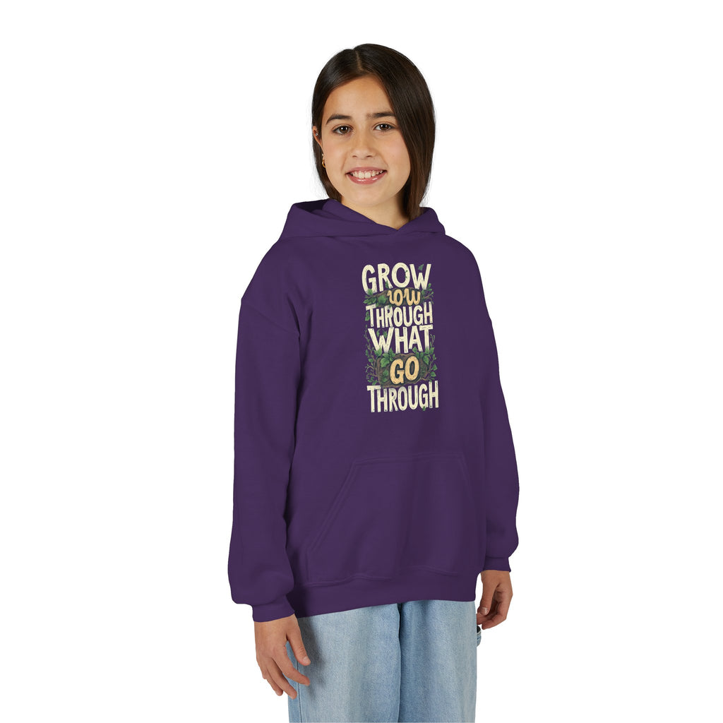 Youth Hoodie — 'Grow Slow, Go Through' Floral Motivational Hooded Sweatshirt