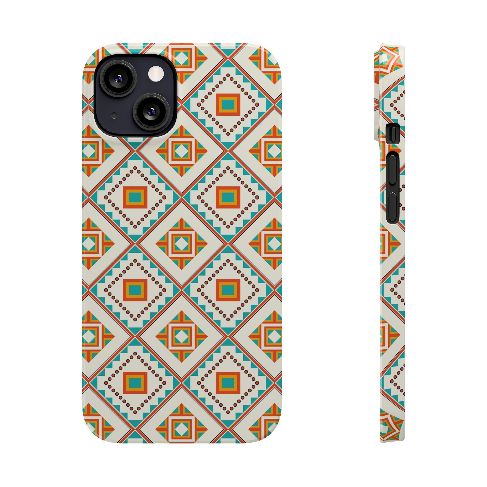 Slim Phone Case — Retro Geometric Tile Pattern (Turquoise & Orange)