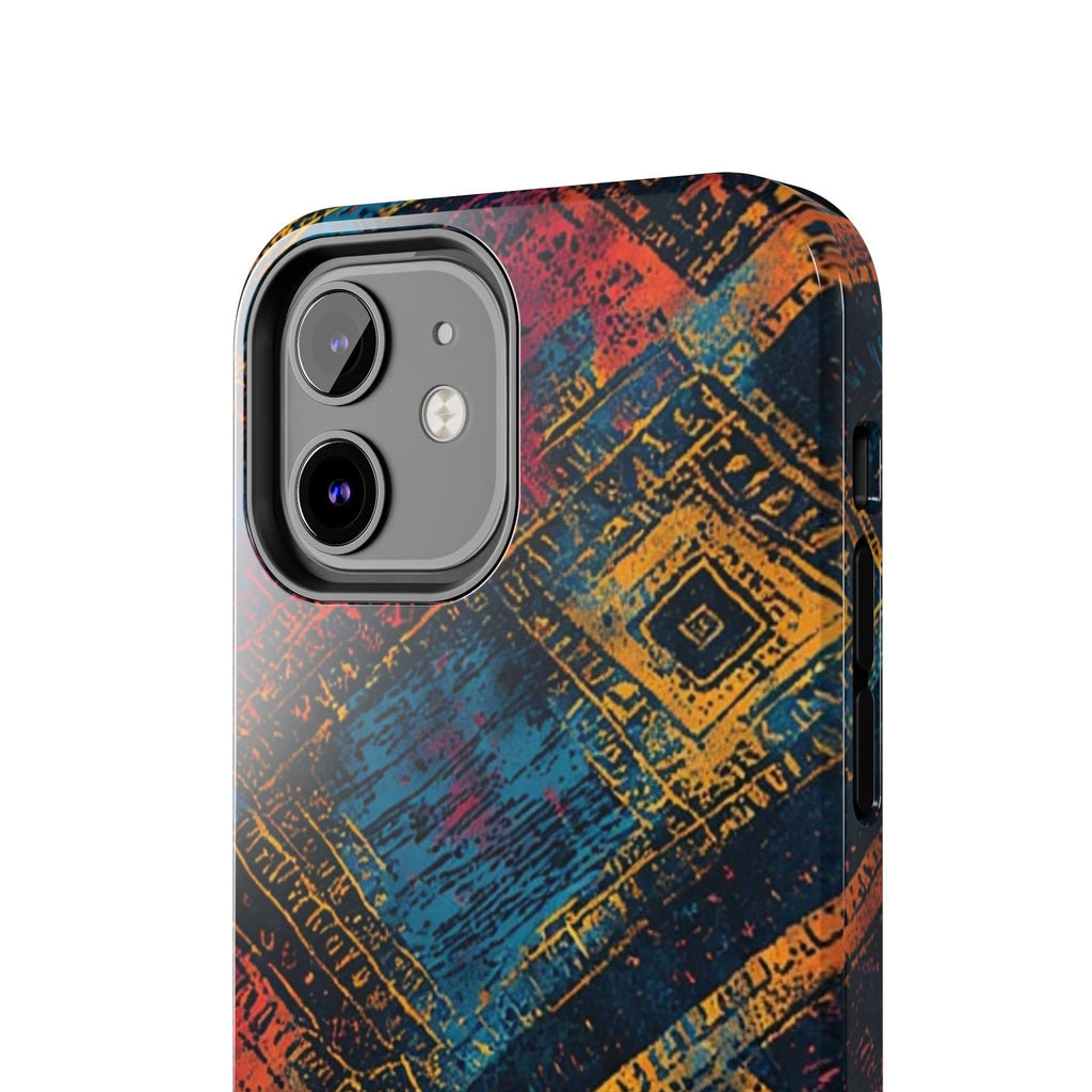 Tough Phone Case – Abstract Rustic Geometric Design (Blue, Orange, Magenta)