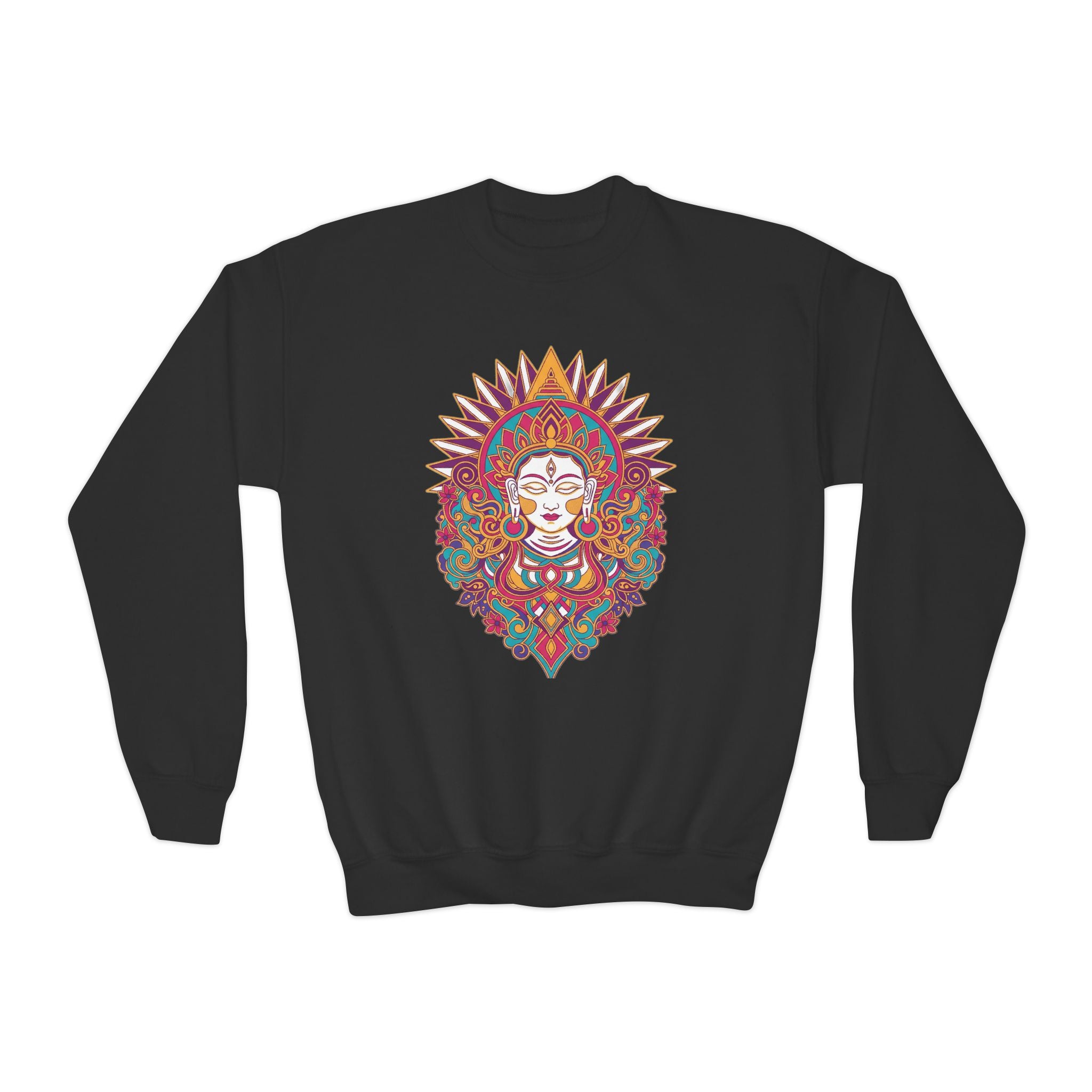 Youth Crewneck Sweatshirt — Colorful Boho Sun Goddess Graphic