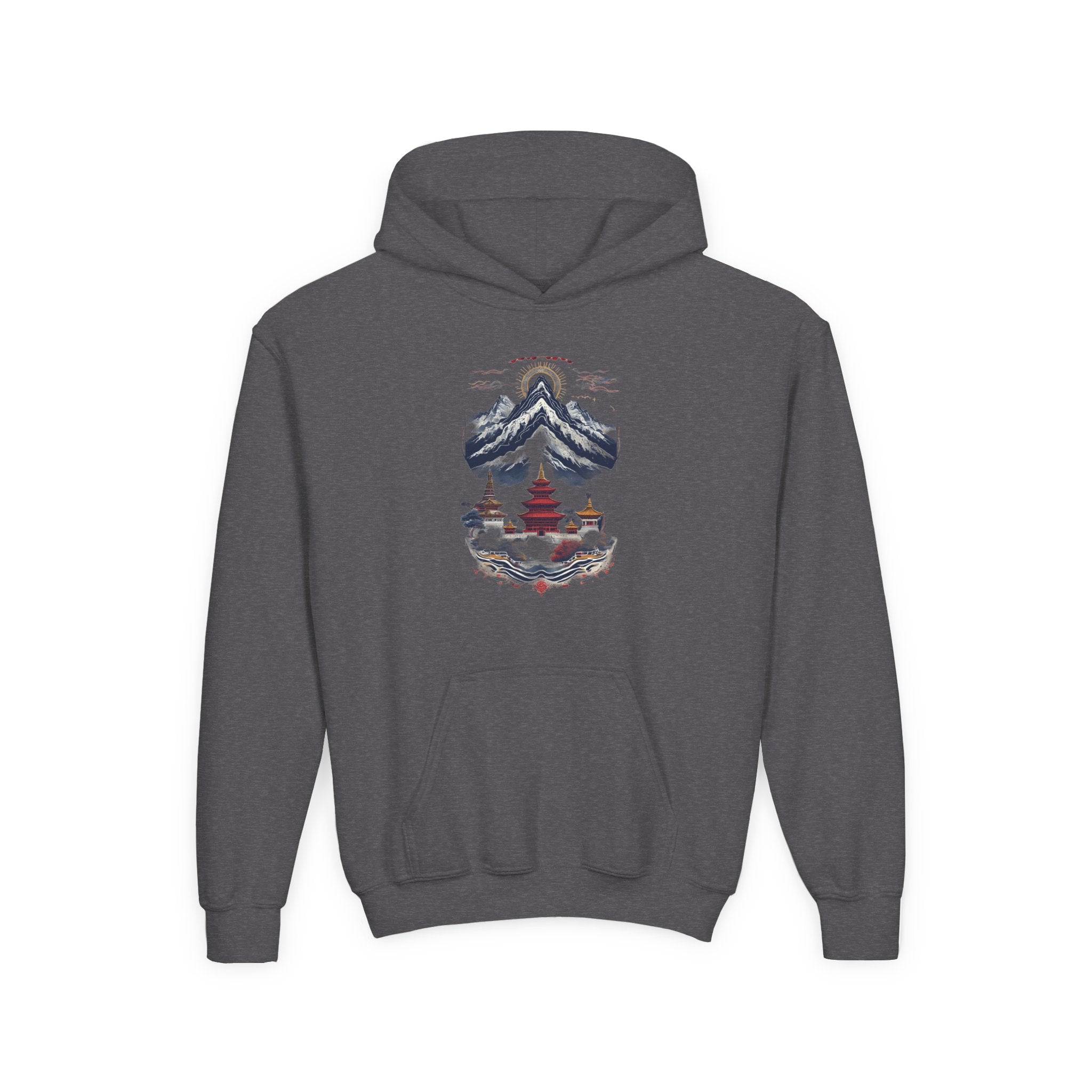 Youth Hoodie — Mountain Pagoda Watercolor Graphic (Asian Temple Winter Vibe)