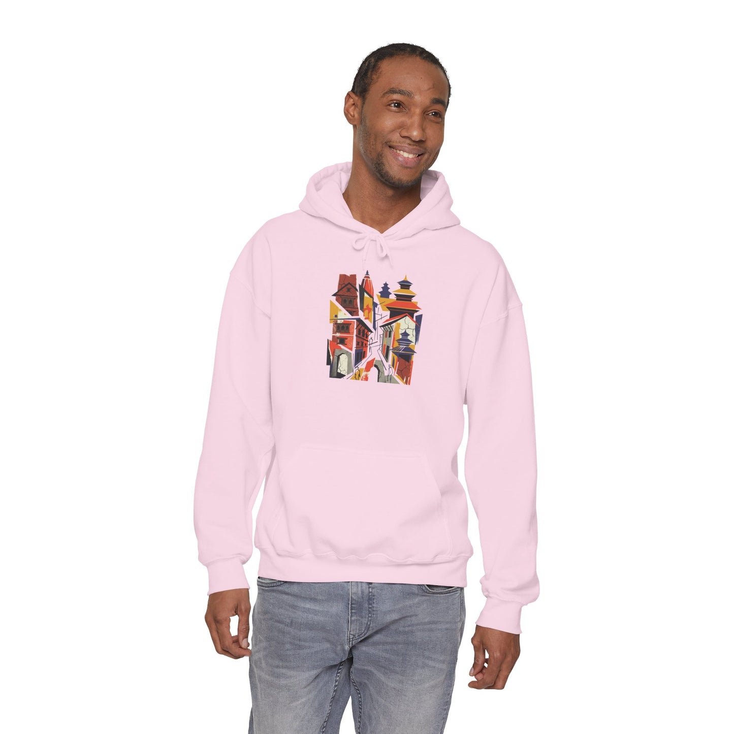 Cityscape Collage Hoodie — Colorful Urban Architecture Graphic Hoodie