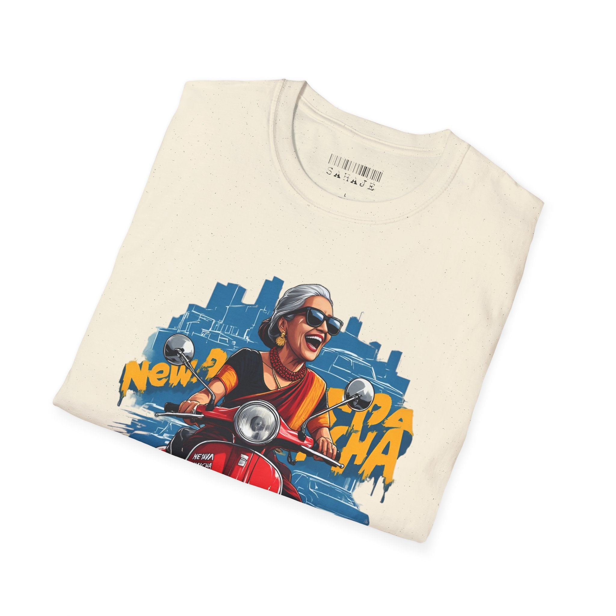 Newa Maicha Riding Scooter T-Shirt – Newari Woman in New York Graphic Tee, Cultural & Urban Design