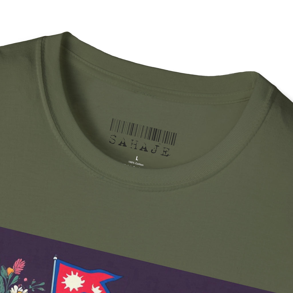 Bicycle Floral T-Shirt – Pink Bike with Baskets & "Sahaje" Text