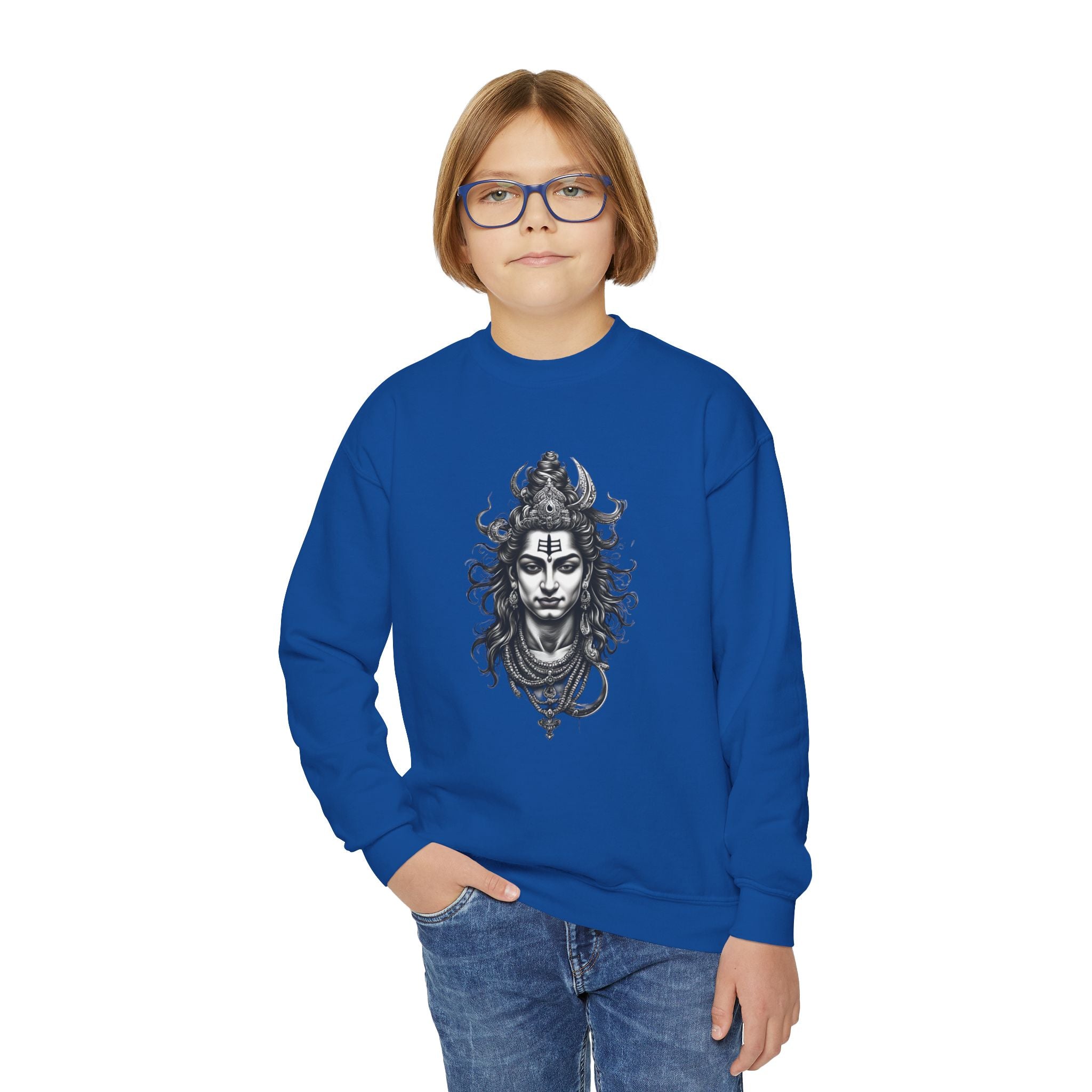 Youth Crewneck Sweatshirt — Intricate Shiva Illustration