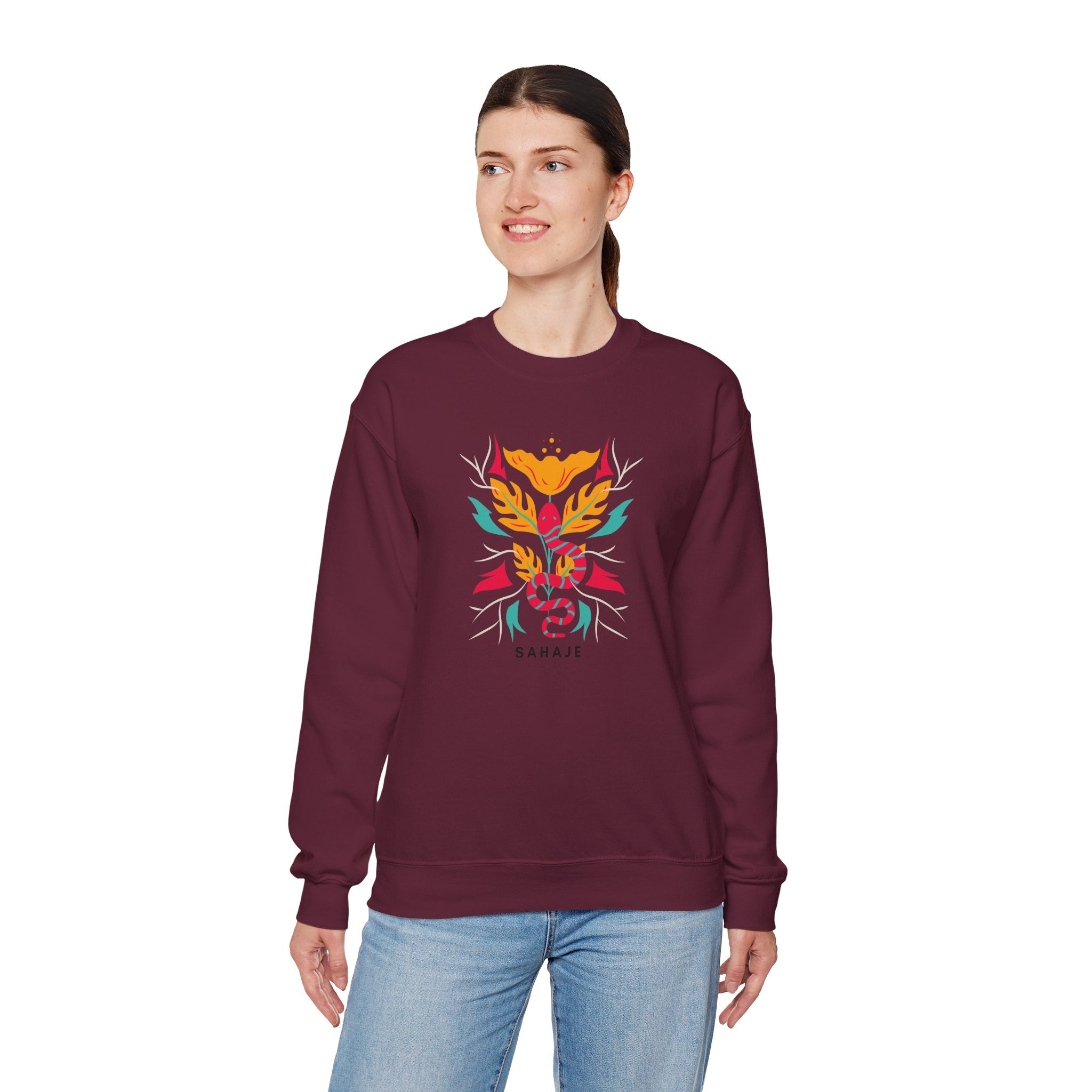 Sahajé Floral Snake Crewneck Sweatshirt — Colorful Botanical Serpent Graphic