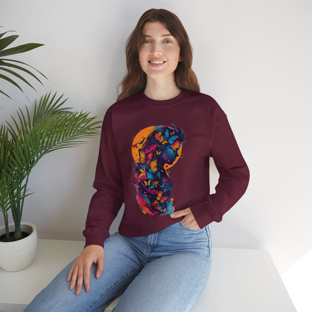 Butterfly Silhouette Crewneck Sweatshirt — Colorful Butterfly Profile Graphic