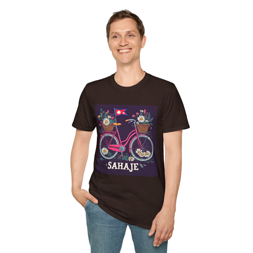 Bicycle Floral T-Shirt – Pink Bike with Baskets & "Sahaje" Text