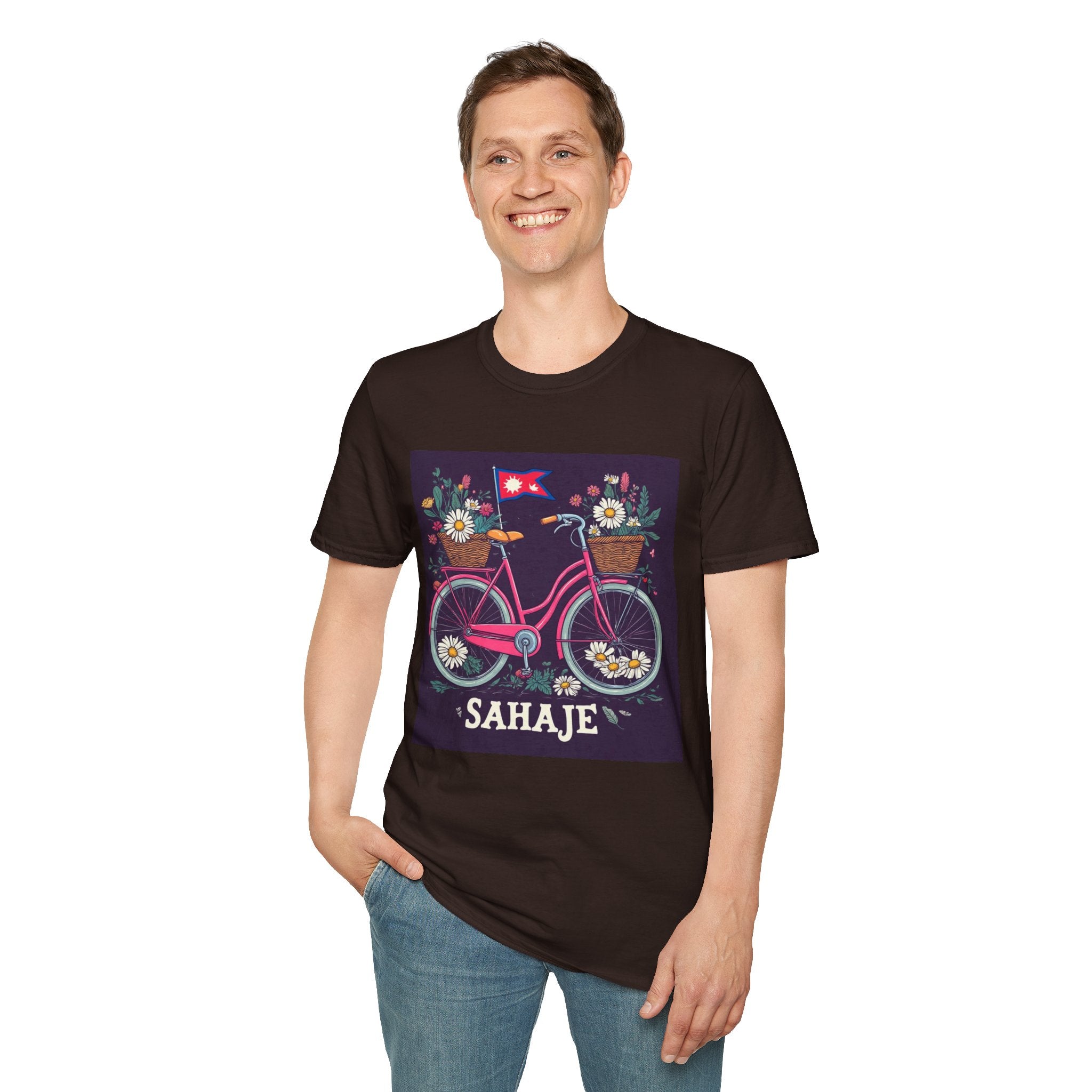 Bicycle Floral T-Shirt – Pink Bike with Baskets & "Sahaje" Text