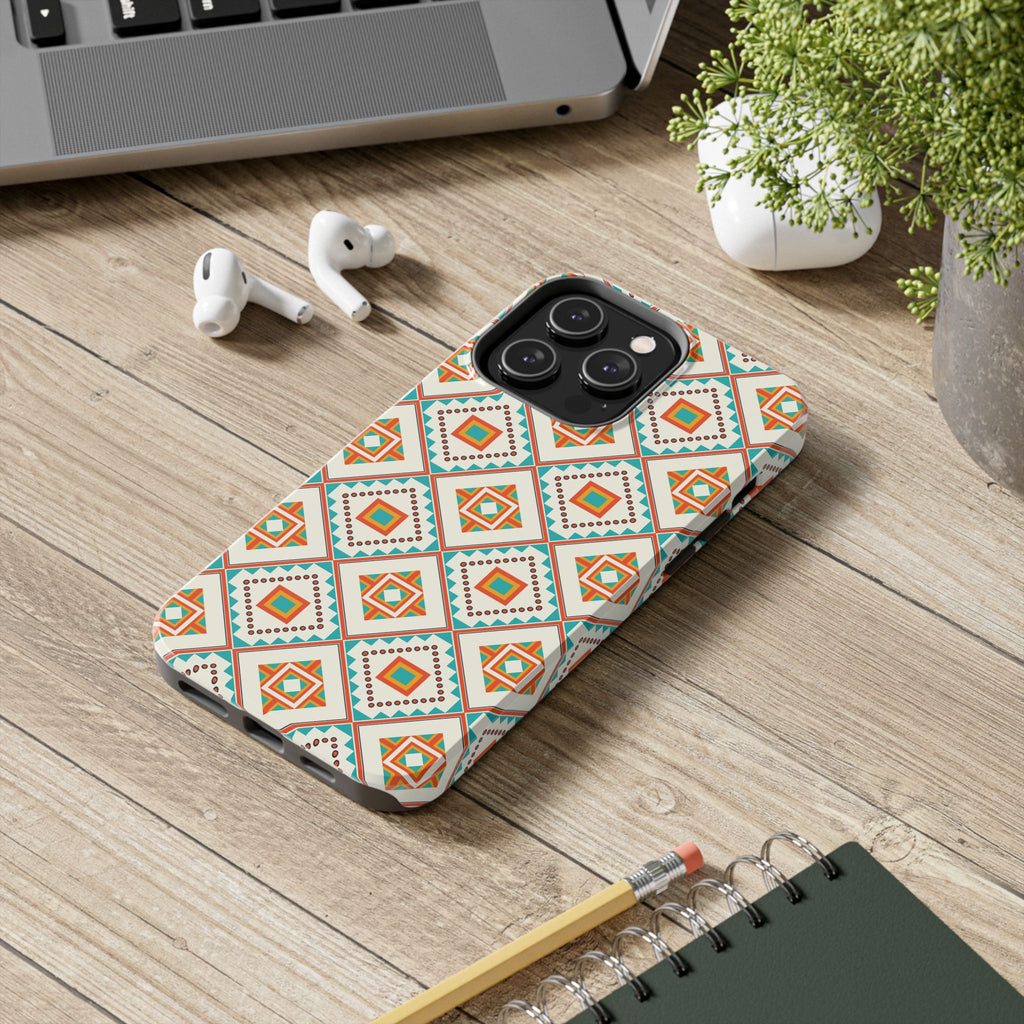 Tough Phone Case — Geometric Retro Tile Pattern, Orange & Teal Protective Cover