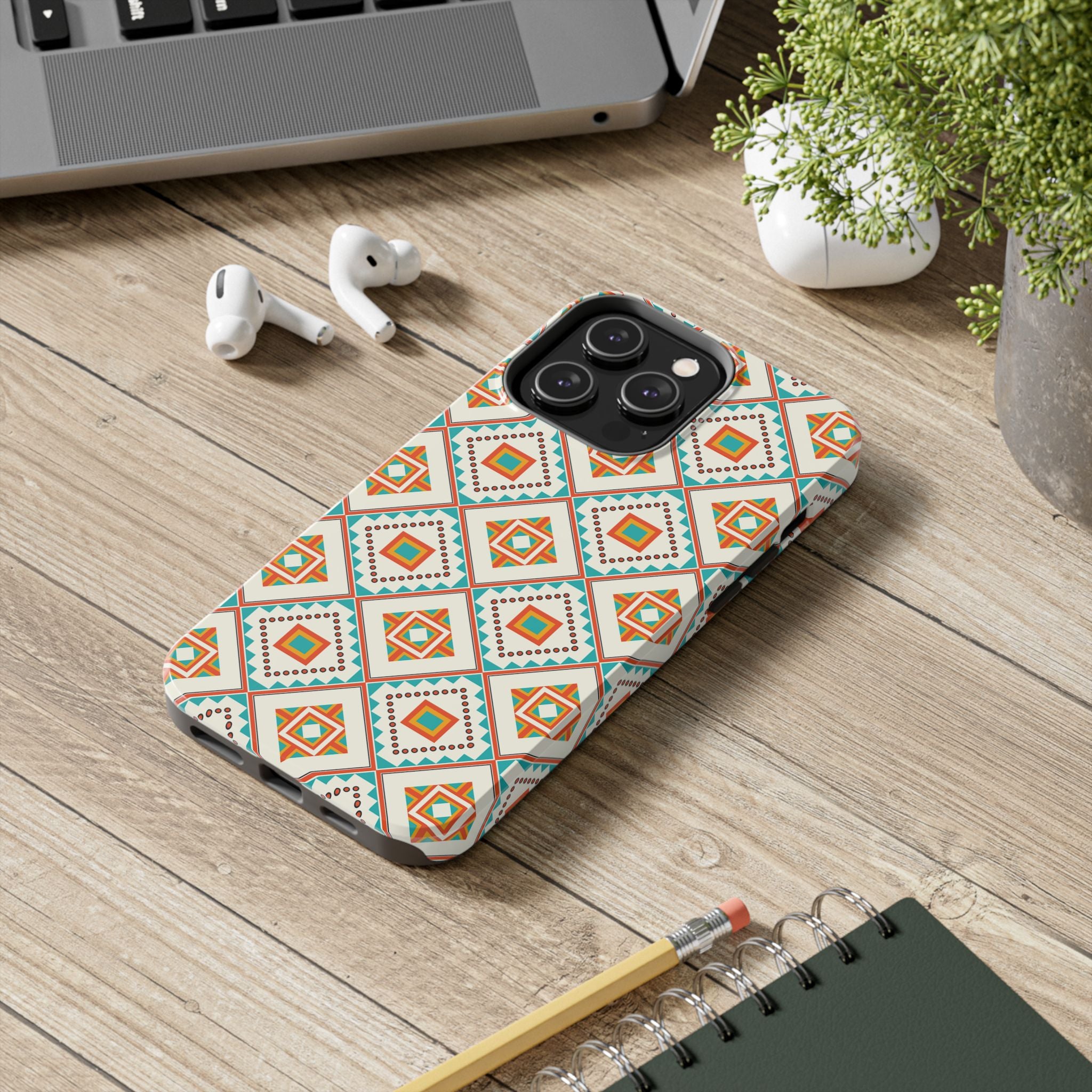 Tough Phone Case — Geometric Retro Tile Pattern, Orange & Teal Protective Cover