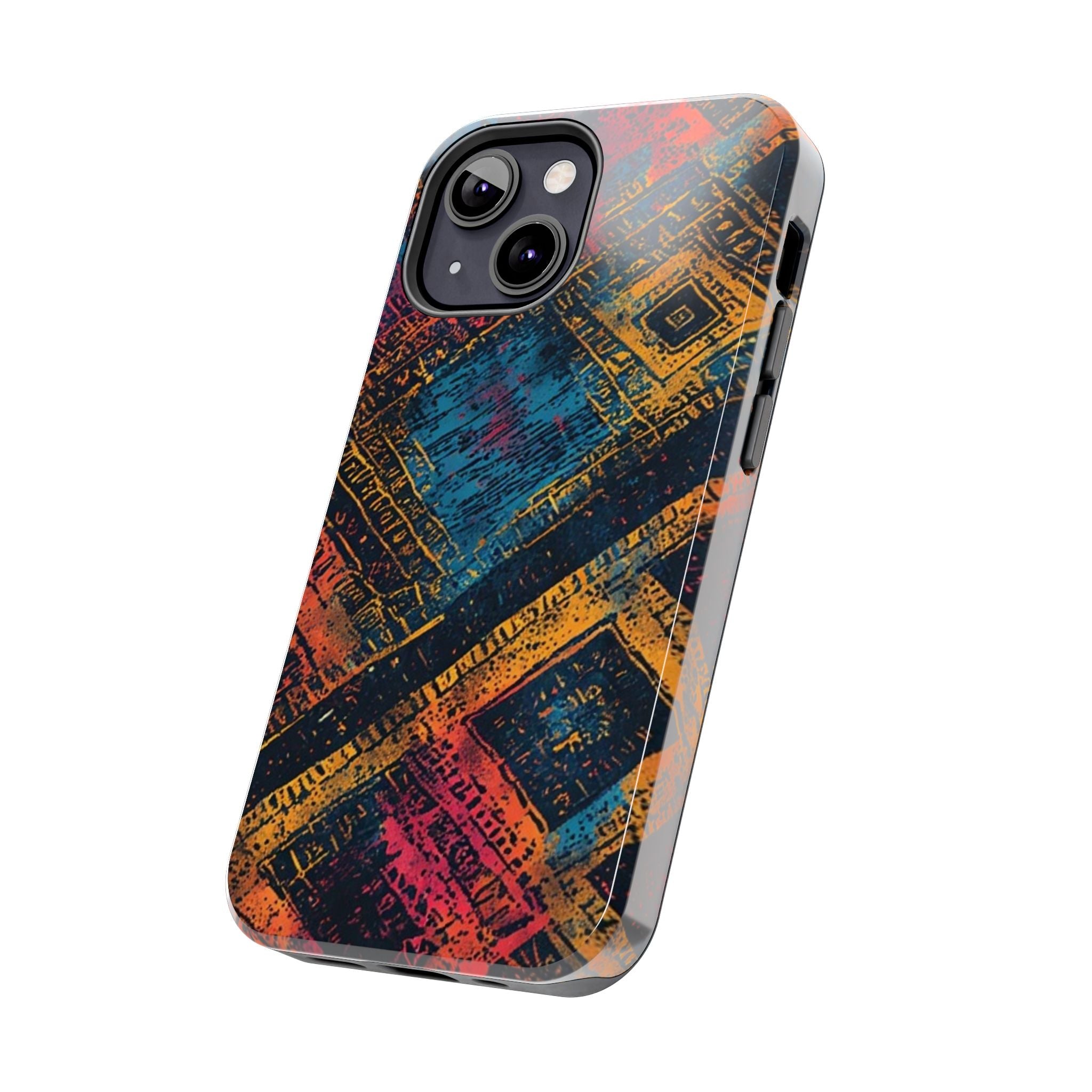 Tough Phone Case – Abstract Rustic Geometric Design (Blue, Orange, Magenta)