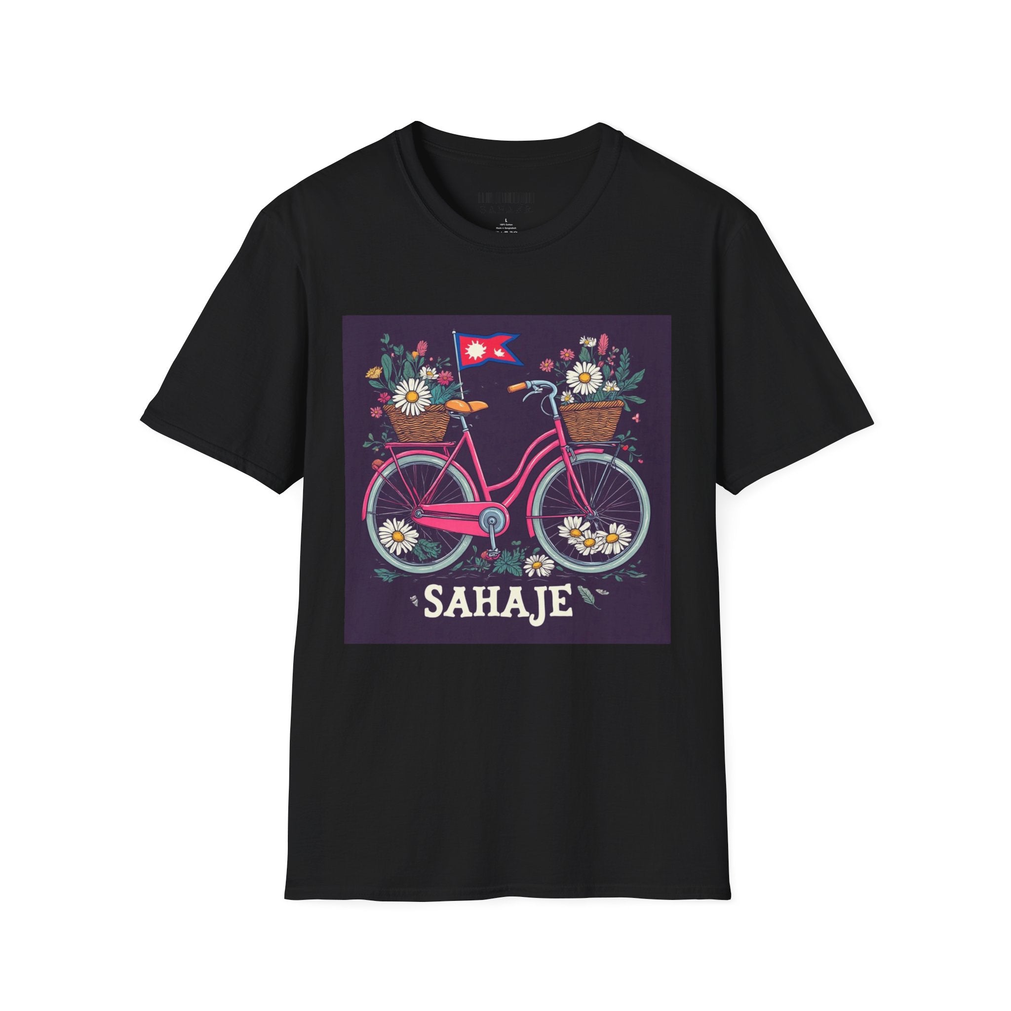 Bicycle Floral T-Shirt – Pink Bike with Baskets & "Sahaje" Text