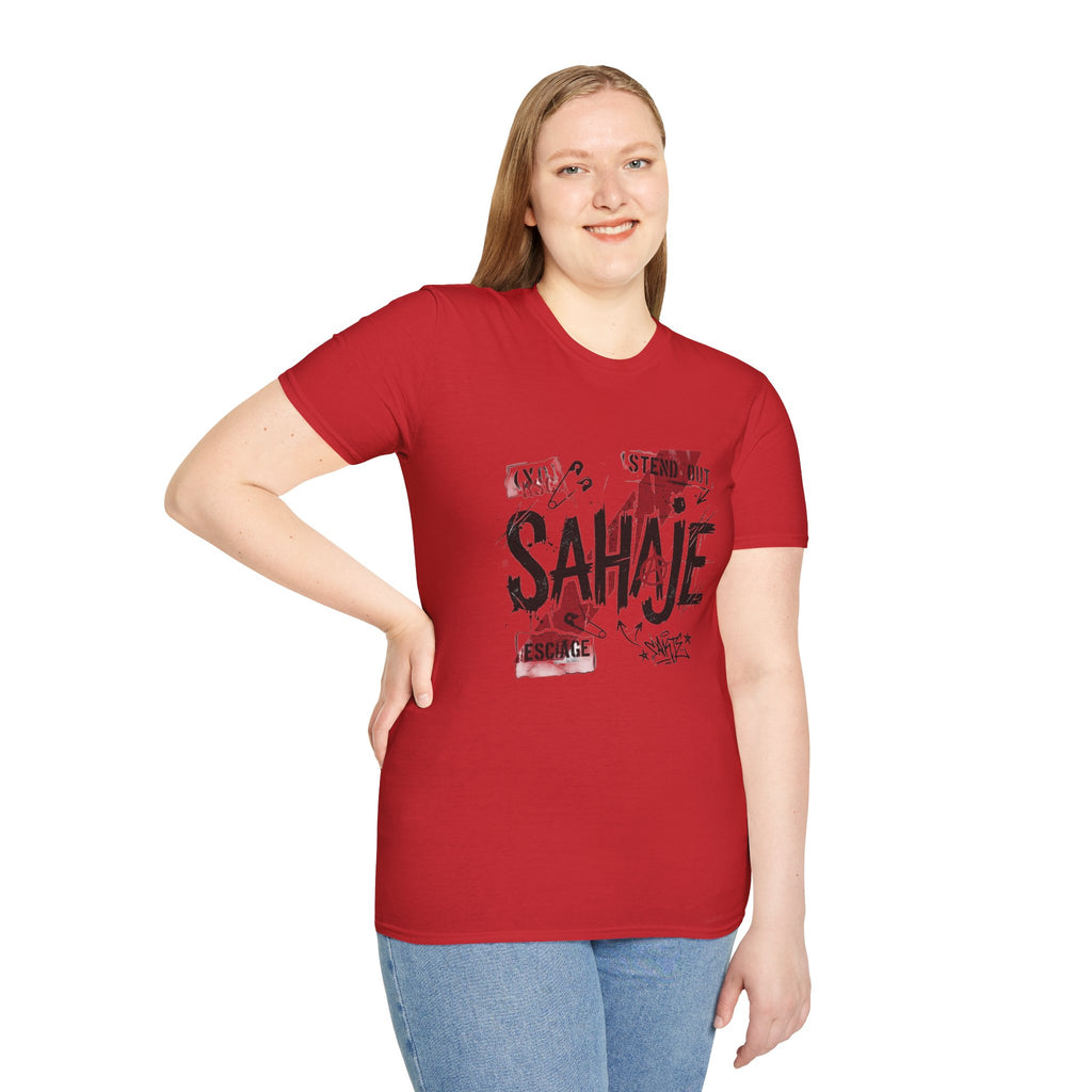 Sahajé Graphic T-Shirt — Bold Streetwear Tee with Red Slash Design