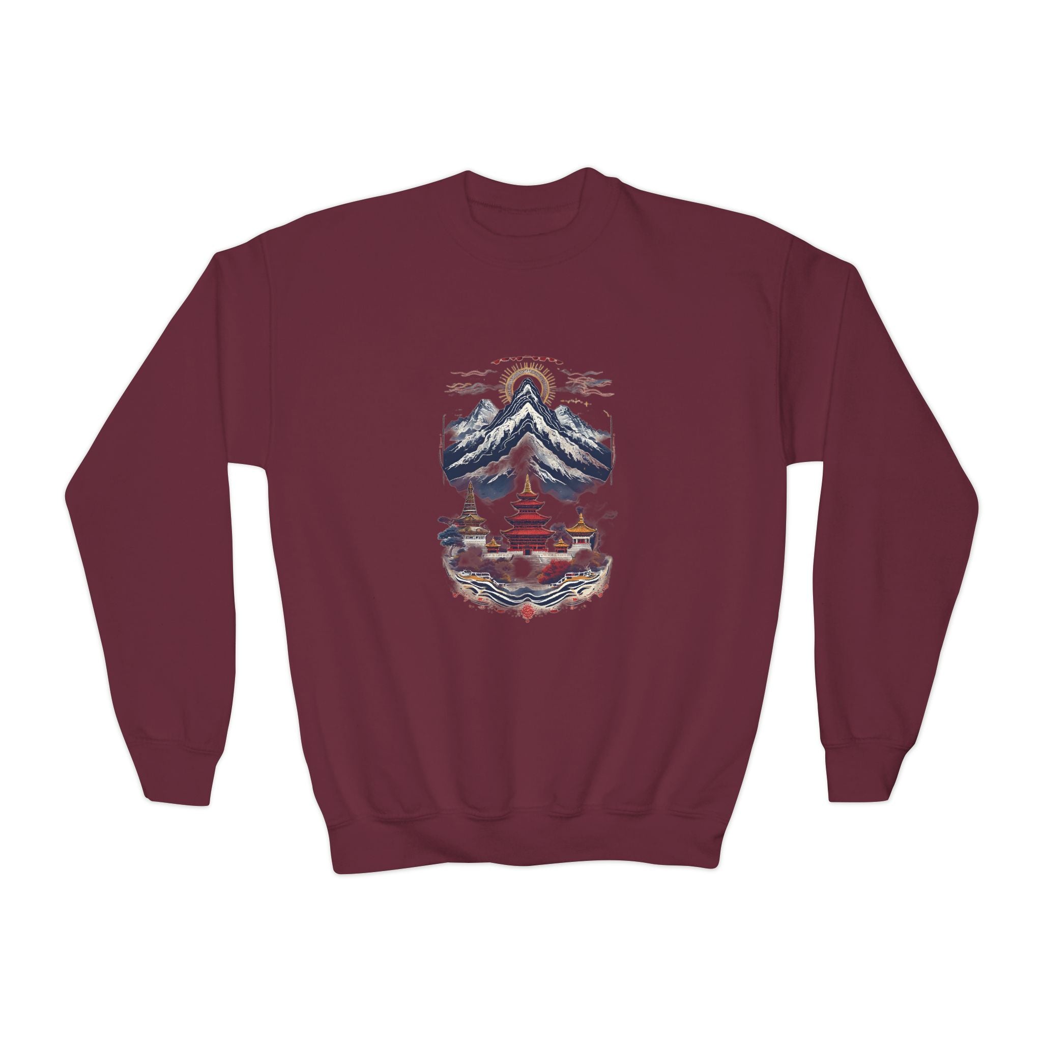 Youth Mountain Holiday Crewneck Sweatshirt — Cozy Winter Tree Graphic