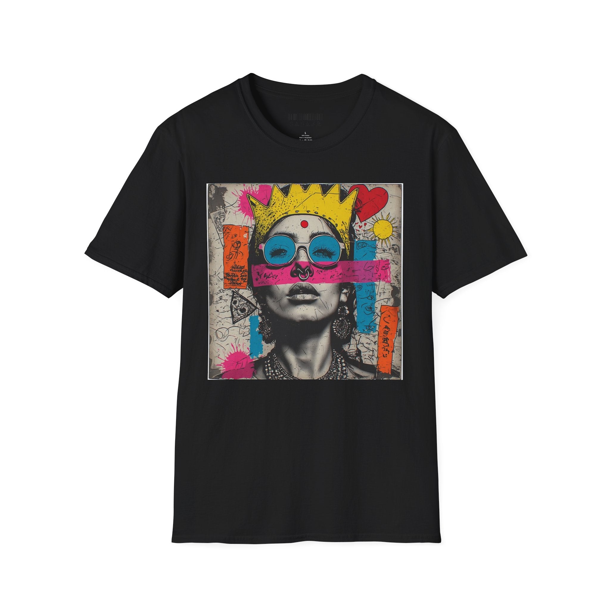 Abstract Pop Art Portrait T-Shirt — Neon Crown & Sunglasses Graphic