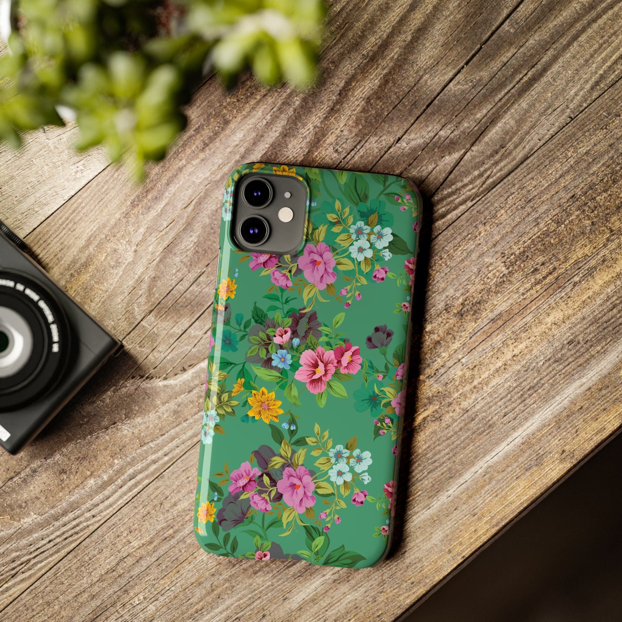 Floral Vintage Green Slim Phone Case — Pink & Yellow Garden Print