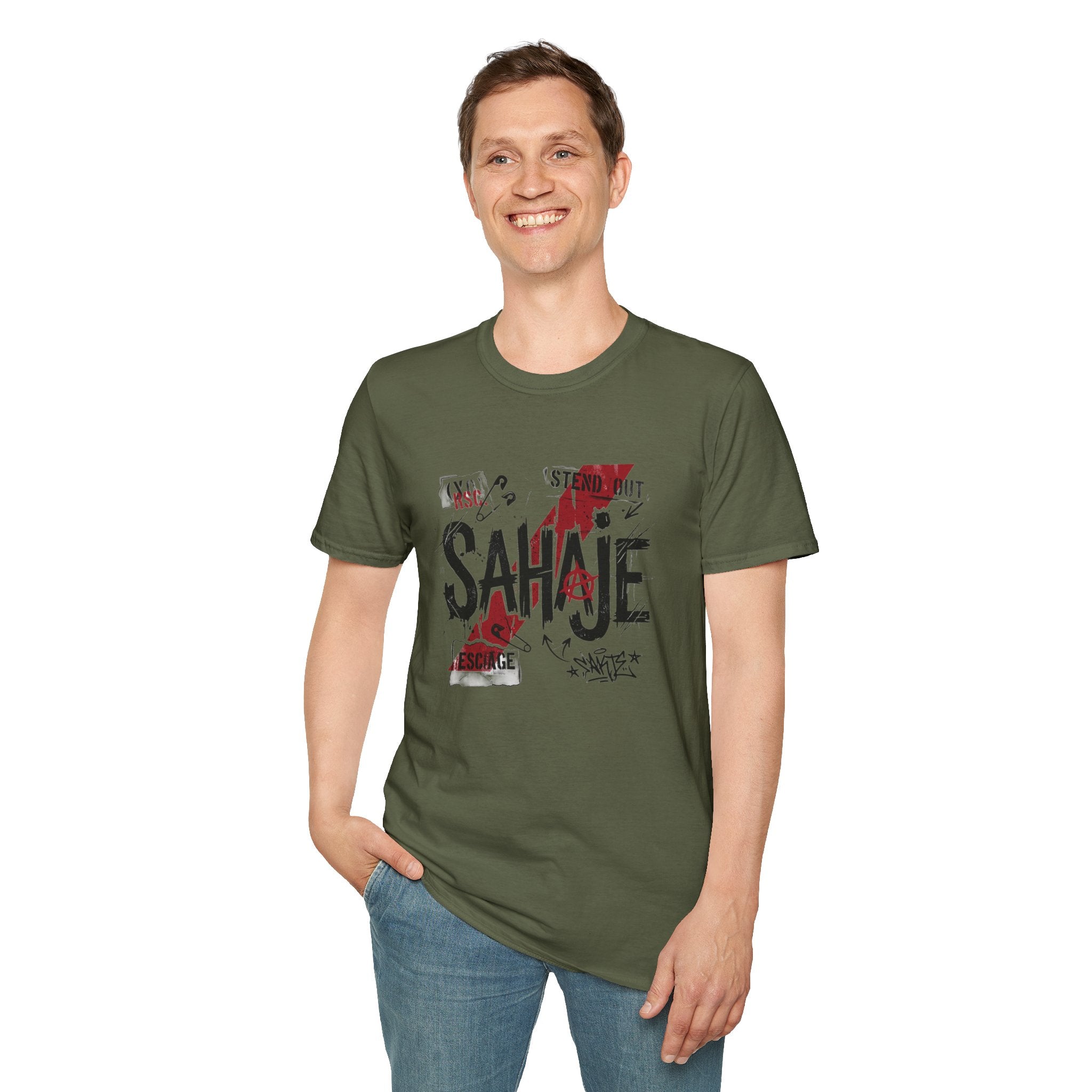 SAHAJE Graphic T‑Shirt — Distressed Red Accent Streetwear Tee