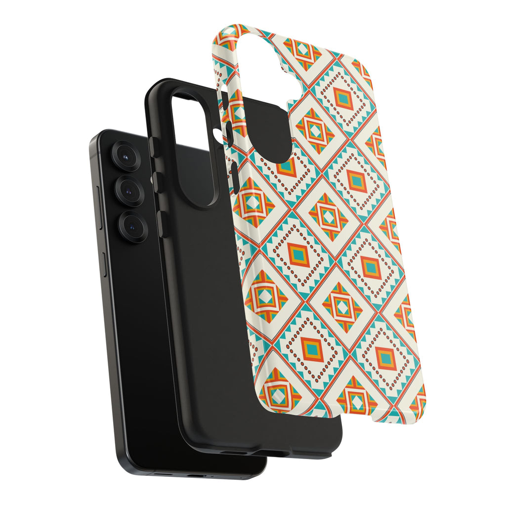 Tough Phone Case — Geometric Retro Tile Pattern, Orange & Teal Protective Cover
