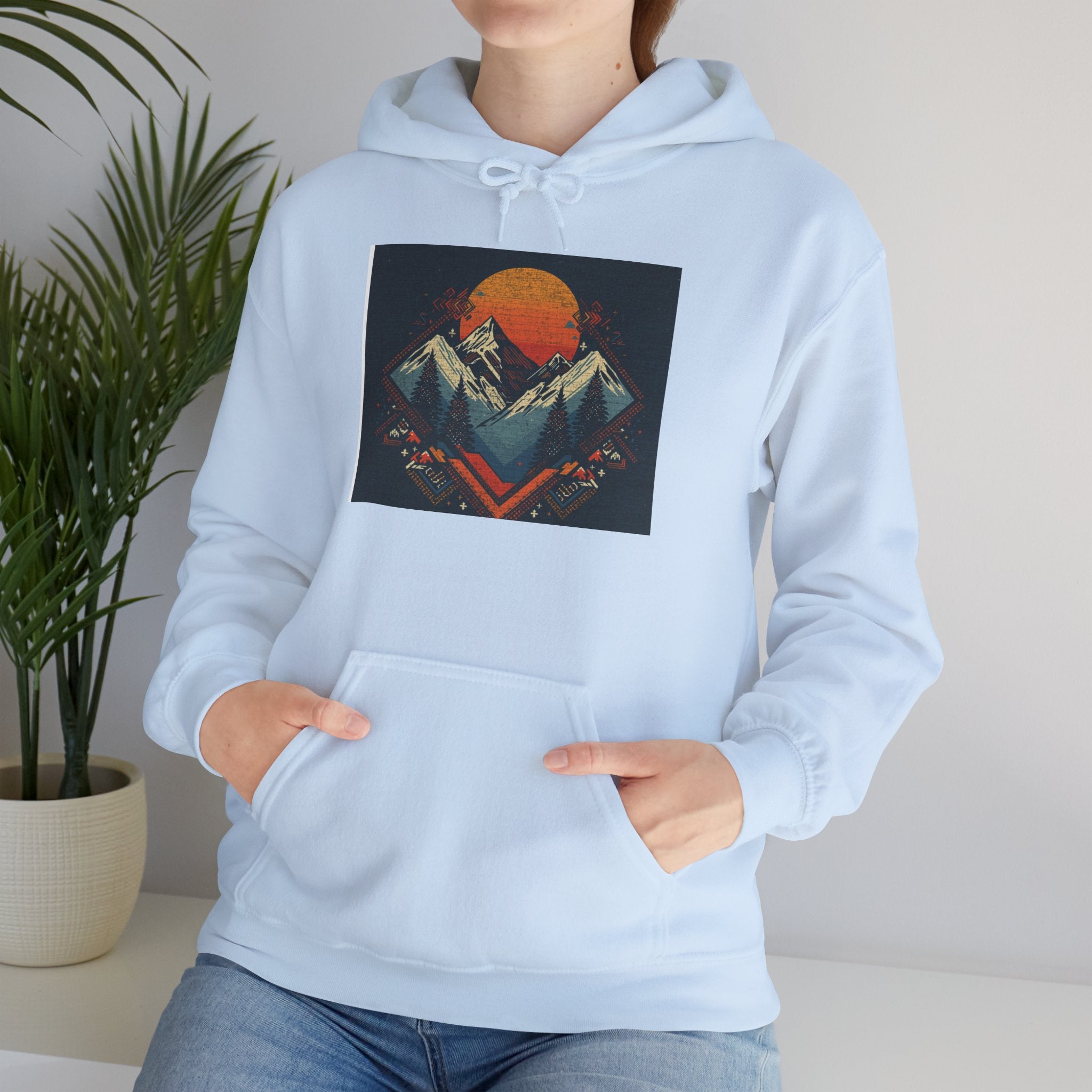 Mountain Sunset Hoodie – Retro Geometric Peaks & Rising Sun Sweatshirt