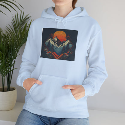 Mountain Sunset Hoodie – Retro Geometric Peaks & Rising Sun Sweatshirt