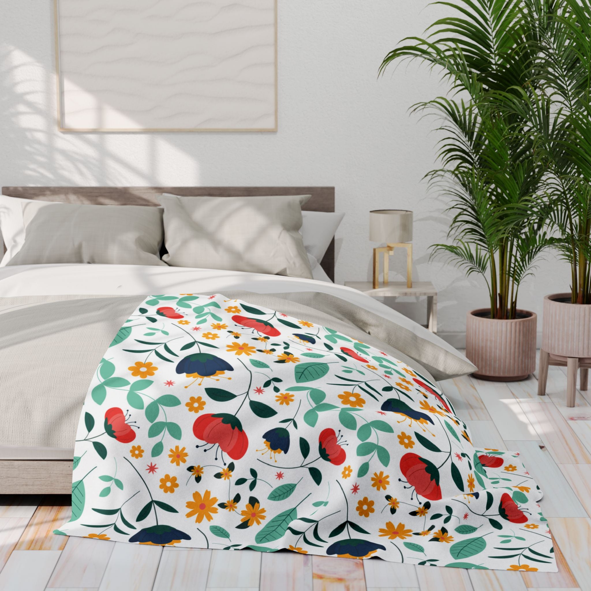Floral Fleece Blanket — Colorful Retro Flower Pattern Cozy Throw