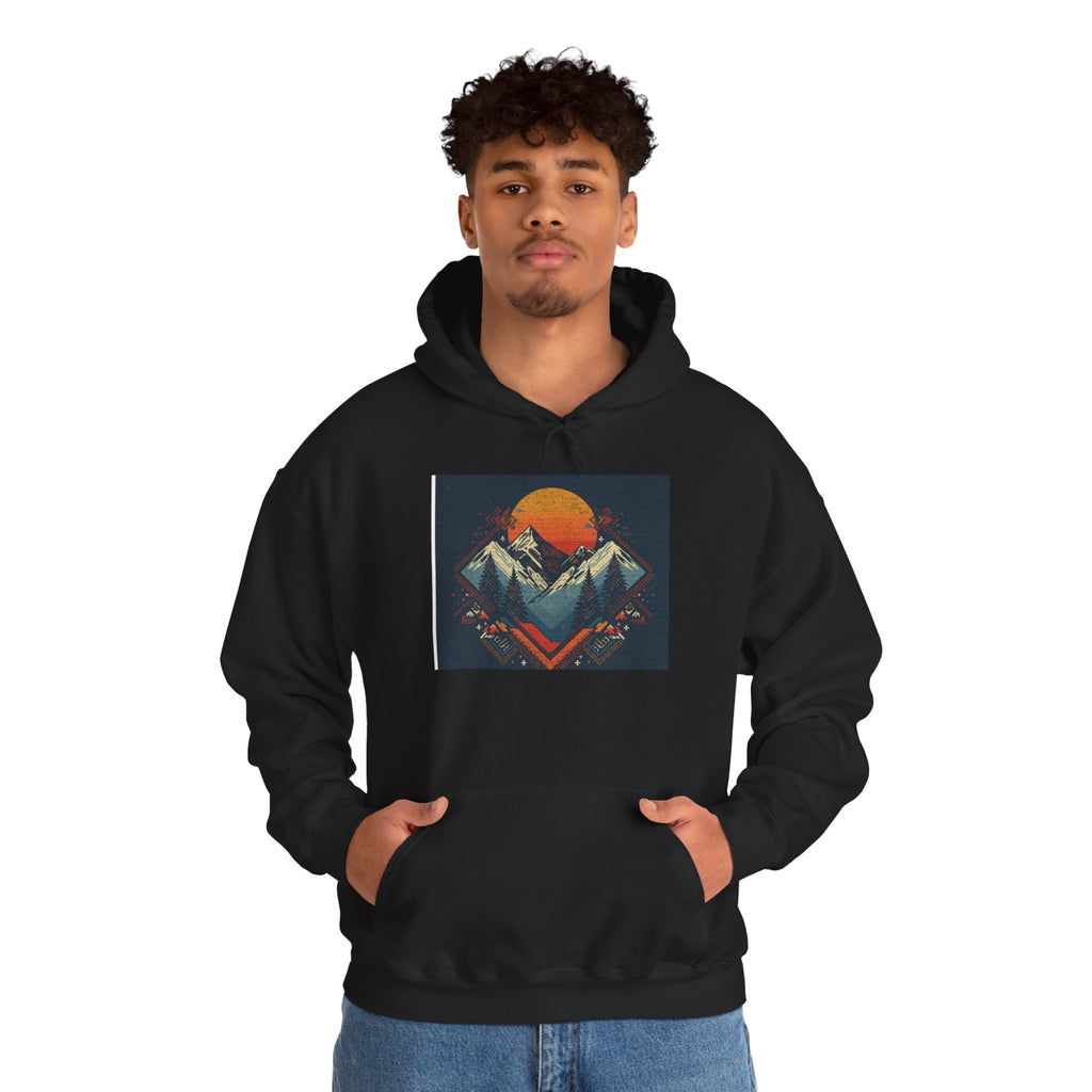 Mountain Sunset Hoodie – Retro Geometric Peaks & Rising Sun Sweatshirt