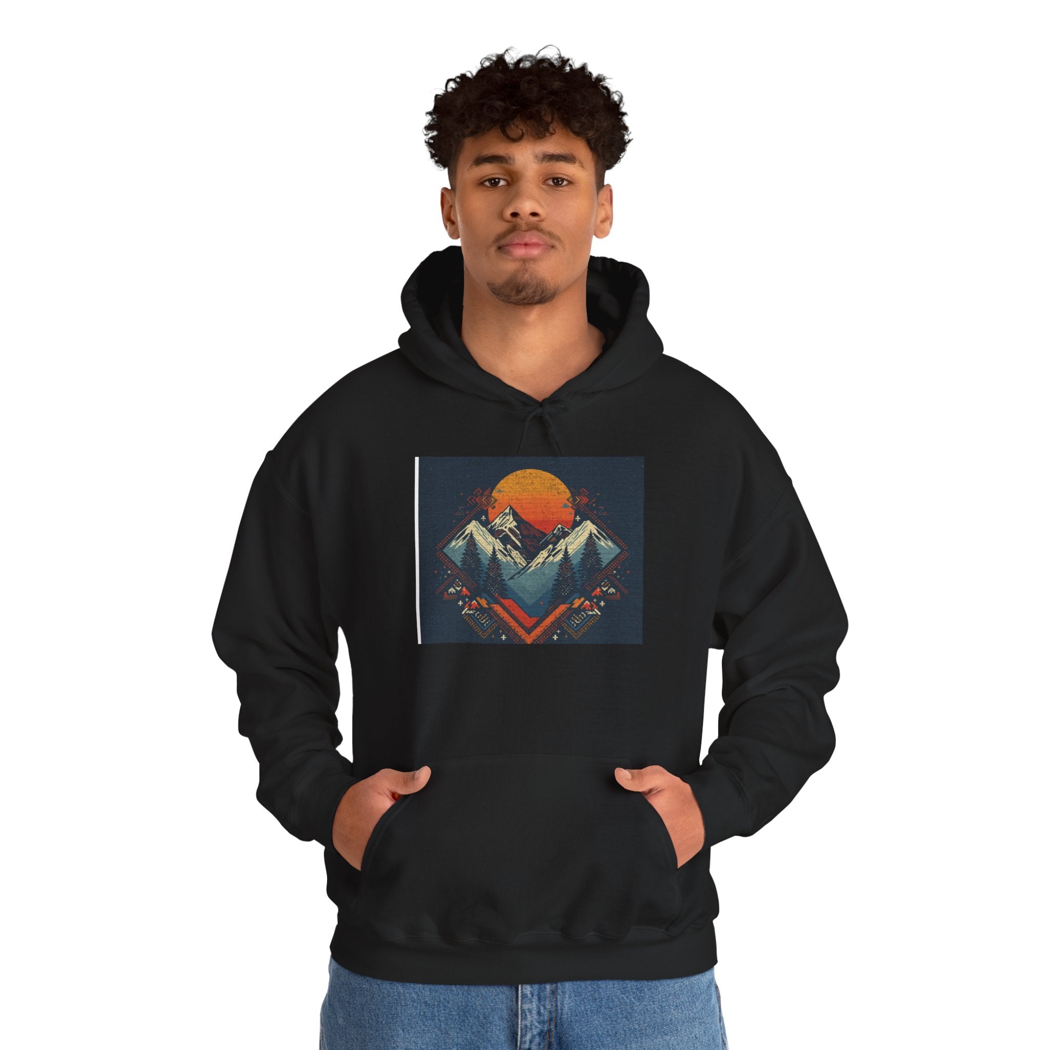 Mountain Sunset Hoodie – Retro Geometric Peaks & Rising Sun Sweatshirt