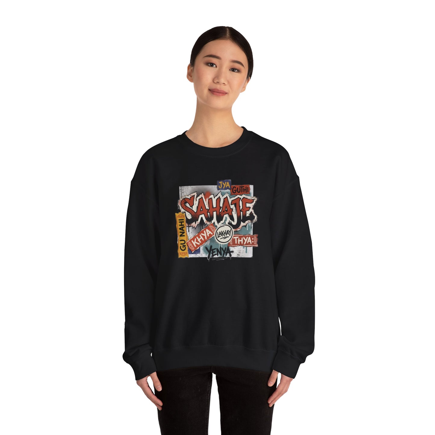 Crewneck Sweatshirt — 'Sahaje' Vintage Sticker Collage Graphic
