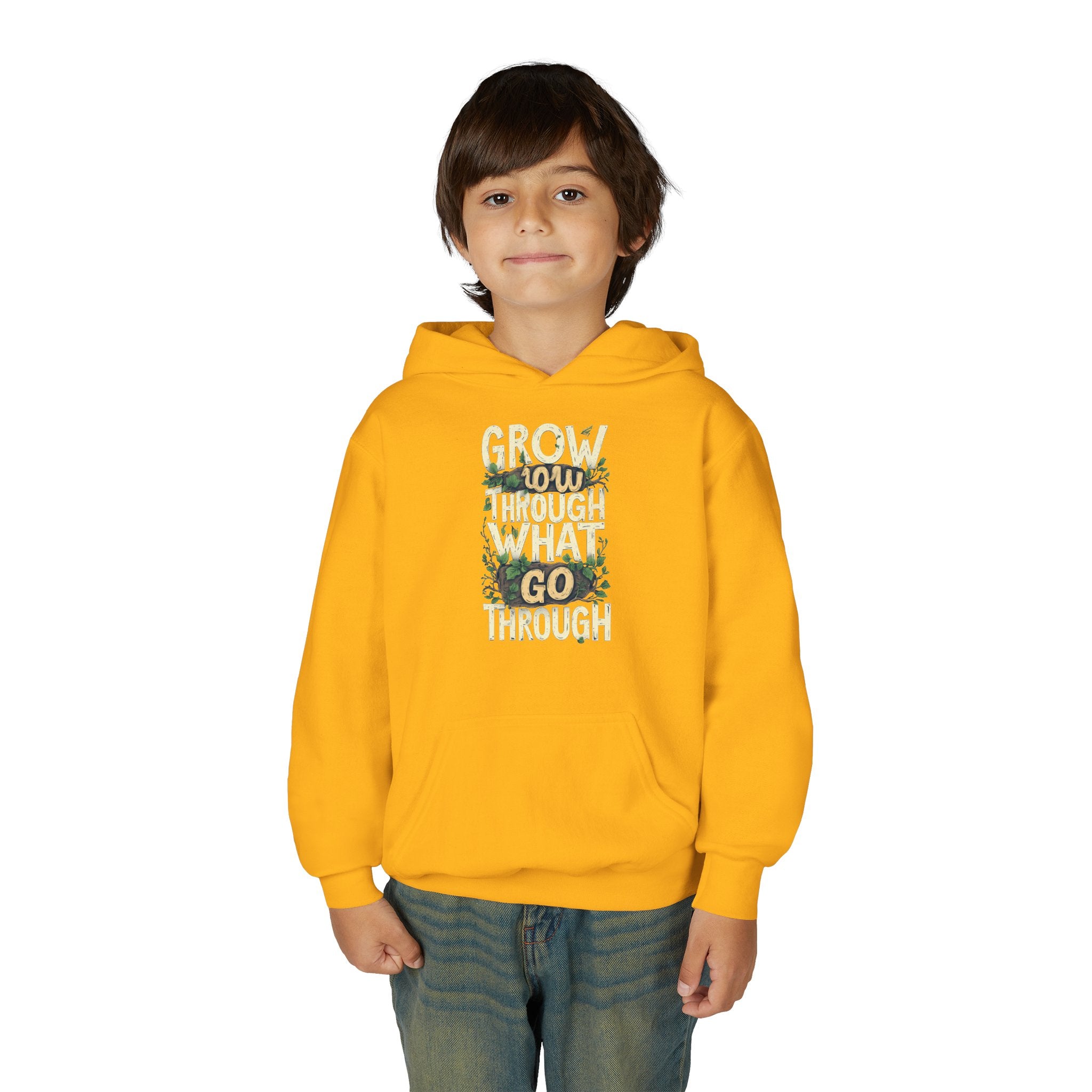 Youth Hoodie — 'Grow Slow, Go Through' Floral Motivational Hooded Sweatshirt