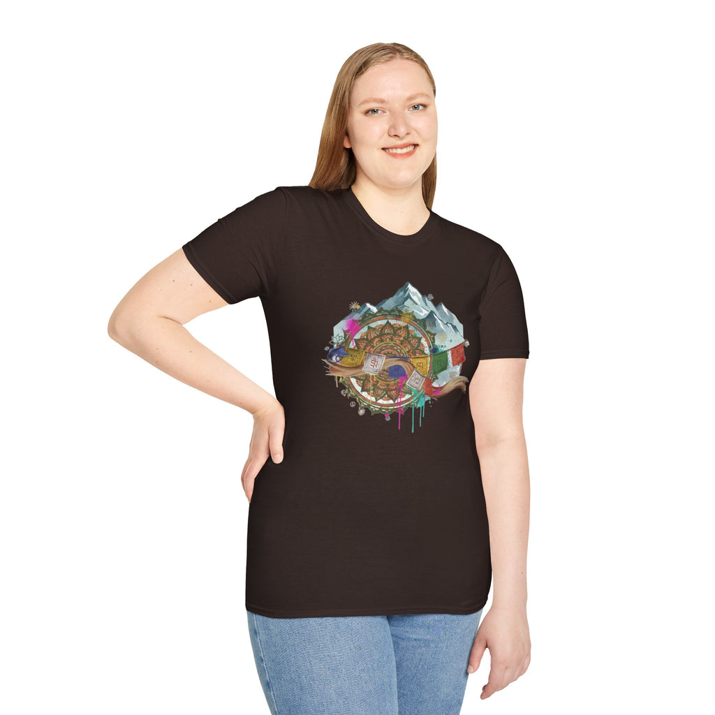 Adventure Compass T-Shirt — Mountain Compass with Prayer Flags & Colorful Globe