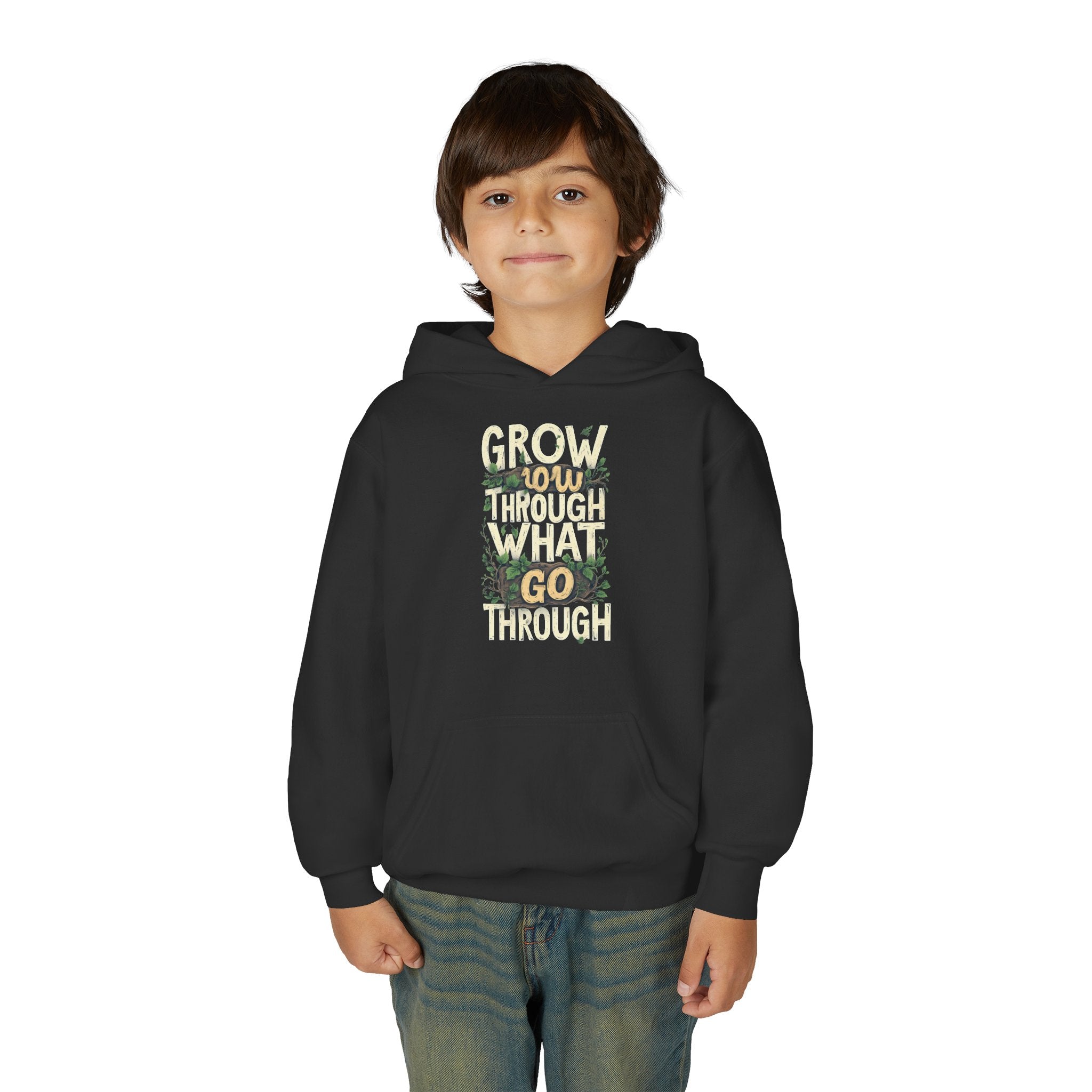 Youth Hoodie — 'Grow Slow, Go Through' Floral Motivational Hooded Sweatshirt
