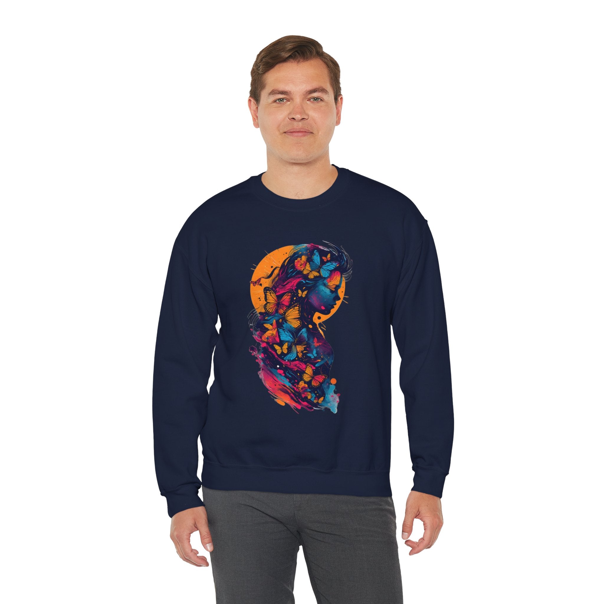 Butterfly Silhouette Crewneck Sweatshirt — Colorful Butterfly Profile Graphic