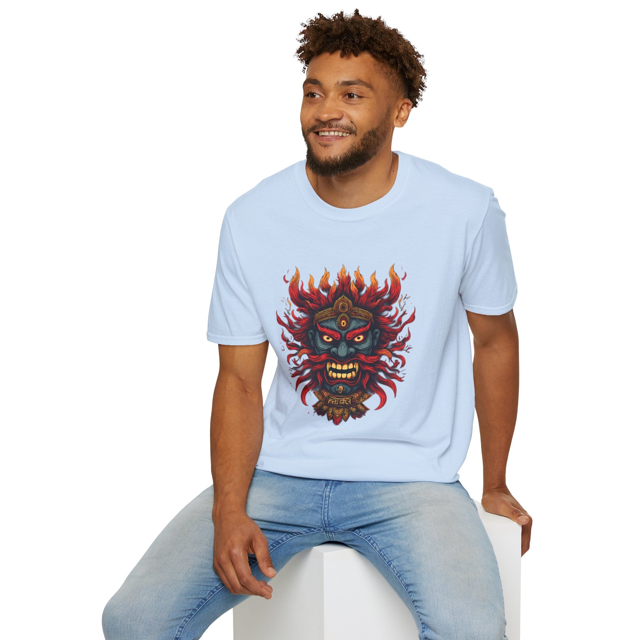Flaming Demon Mask T-Shirt — Fierce Tattoo-Style Graphic Tee