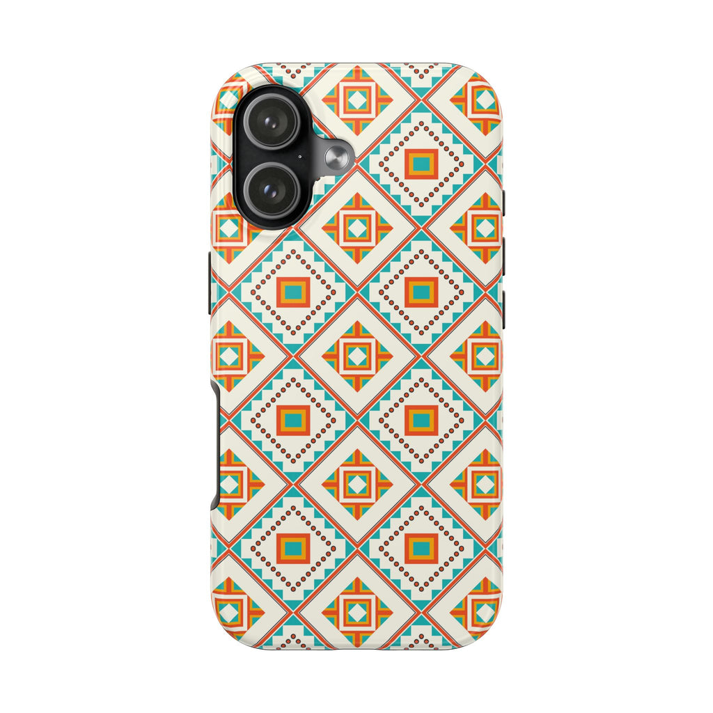 Tough Phone Case — Geometric Retro Tile Pattern, Orange & Teal Protective Cover