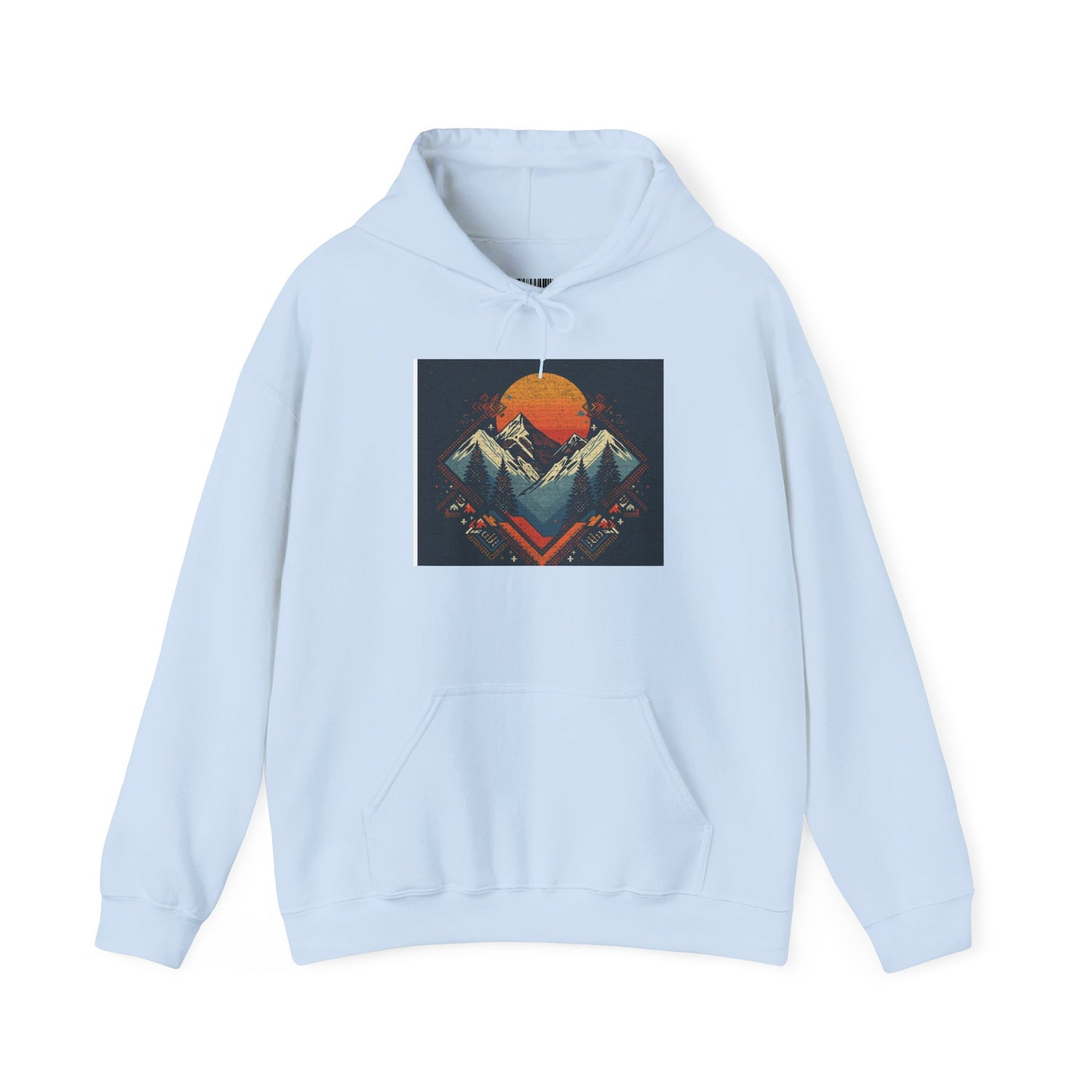 Mountain Sunset Hoodie – Retro Geometric Peaks & Rising Sun Sweatshirt