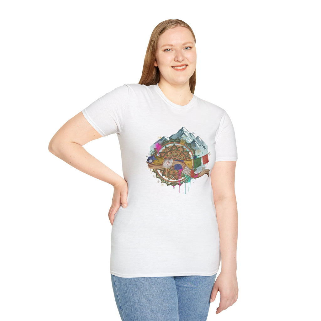 Adventure Compass T-Shirt — Mountain Compass with Prayer Flags & Colorful Globe