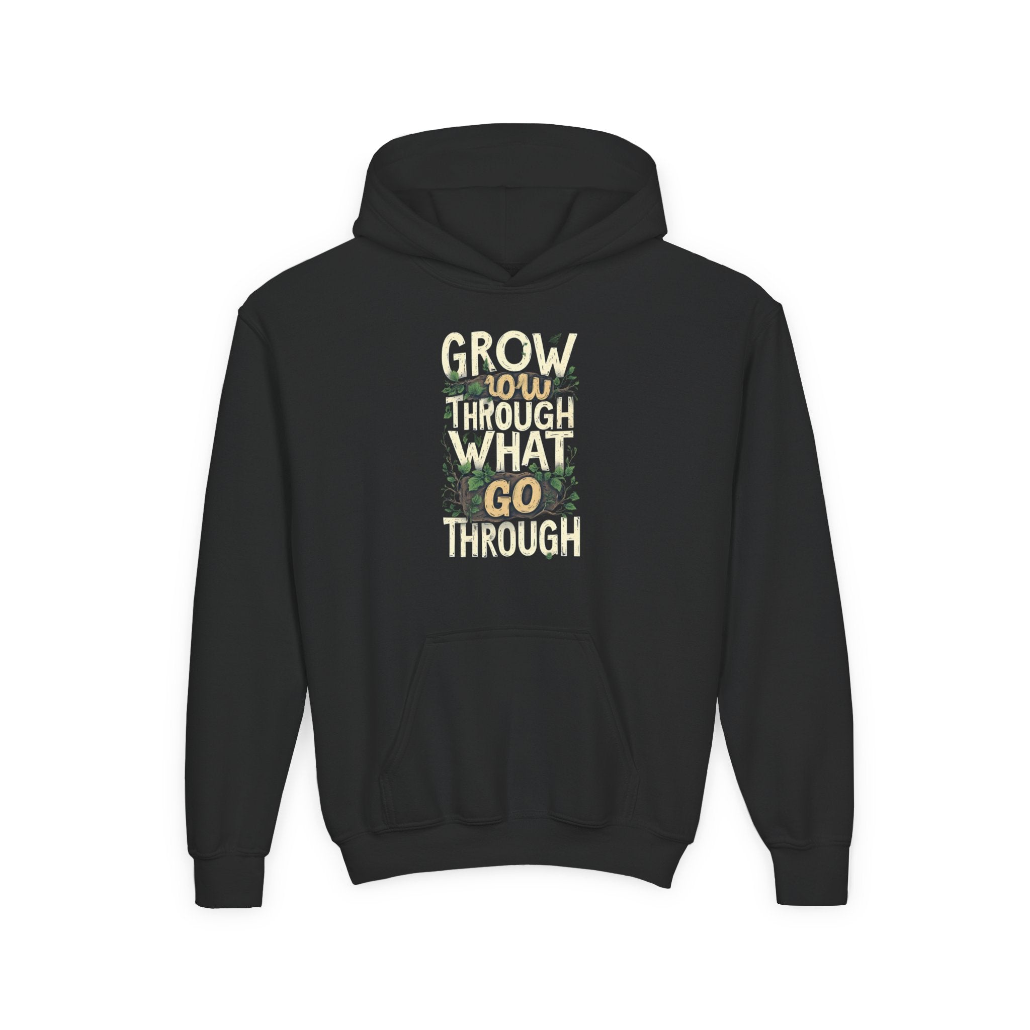 Youth Hoodie — 'Grow Slow, Go Through' Floral Motivational Hooded Sweatshirt