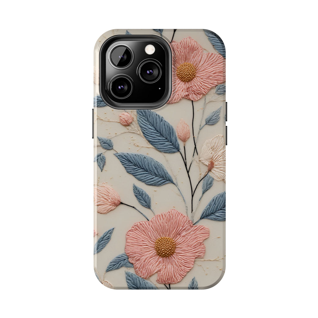 Floral Embroidered Tough Phone Case — Pink Blossom Protective Phone Cover