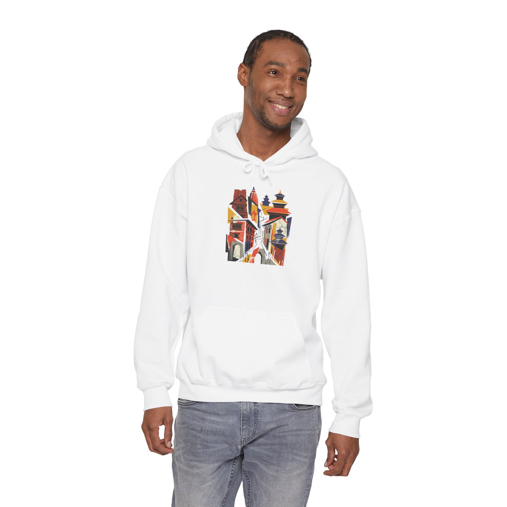 Cityscape Collage Hoodie — Colorful Urban Architecture Graphic Hoodie