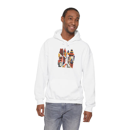 Cityscape Collage Hoodie — Colorful Urban Architecture Graphic Hoodie