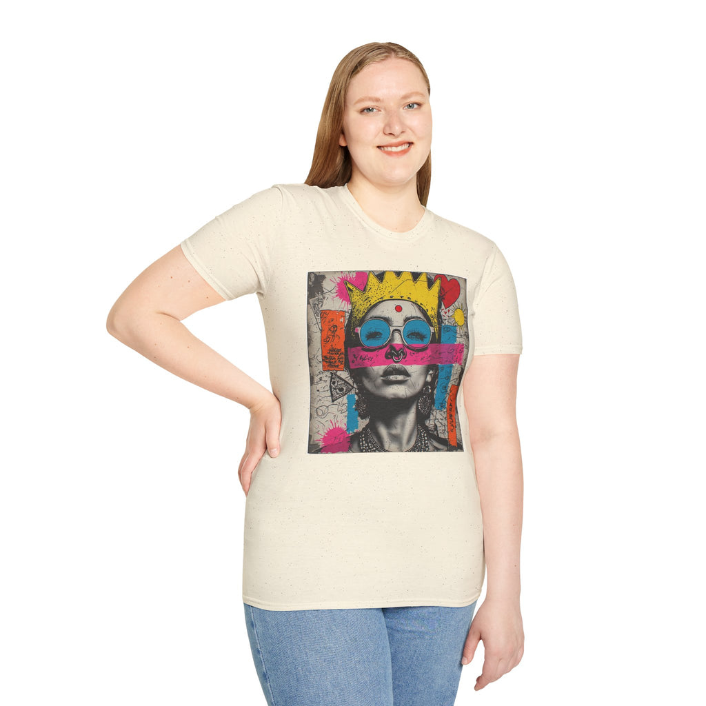 Abstract Pop Art Portrait T-Shirt — Neon Crown & Sunglasses Graphic